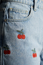 Lia | Cherry Embroidered Light Blue Wide-leg High-waisted Jeans