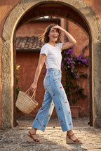 Lia | Cherry Embroidered Light Blue Wide-leg High-waisted Jeans