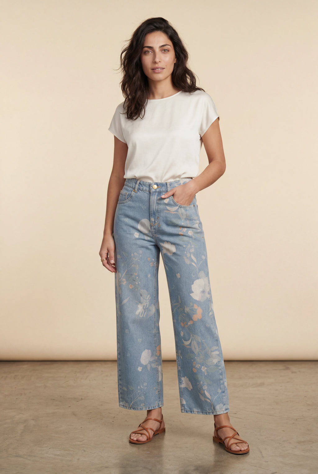 Lia | Floral Print High-waist Wide-leg Blue Jeans