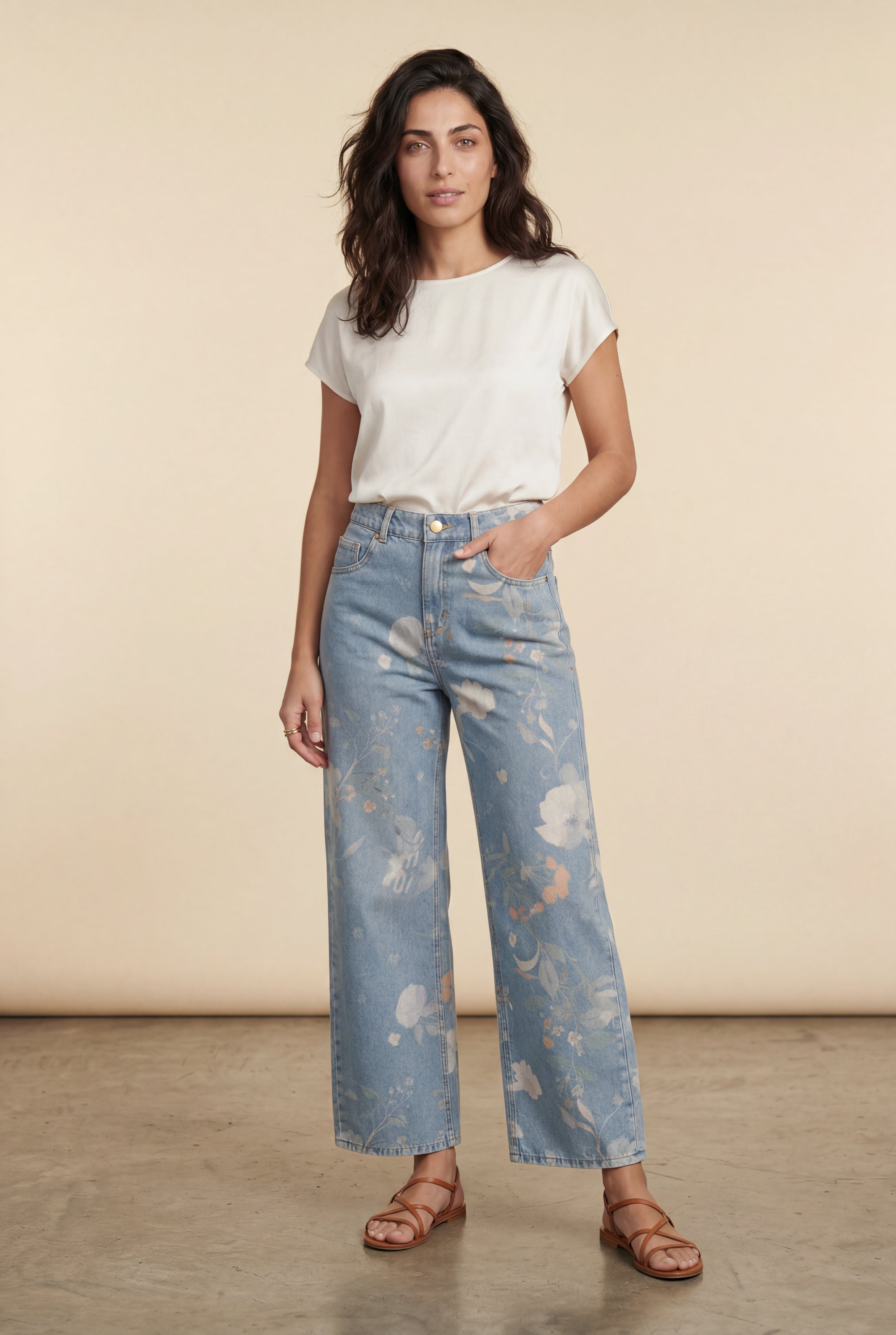 Lia | Floral Print High-waist Wide-leg Blue Jeans