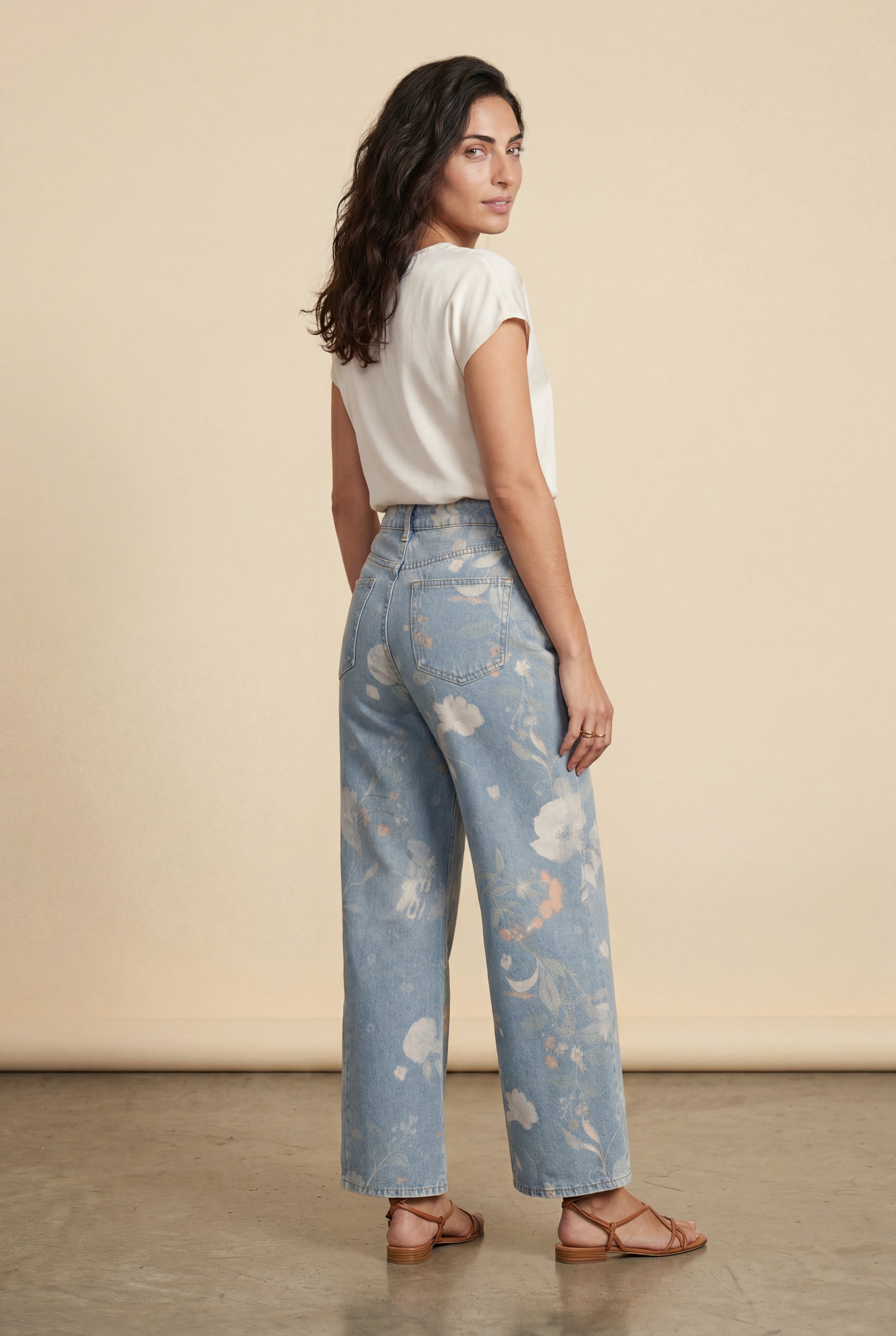 Lia | Floral Print High-waist Wide-leg Blue Jeans