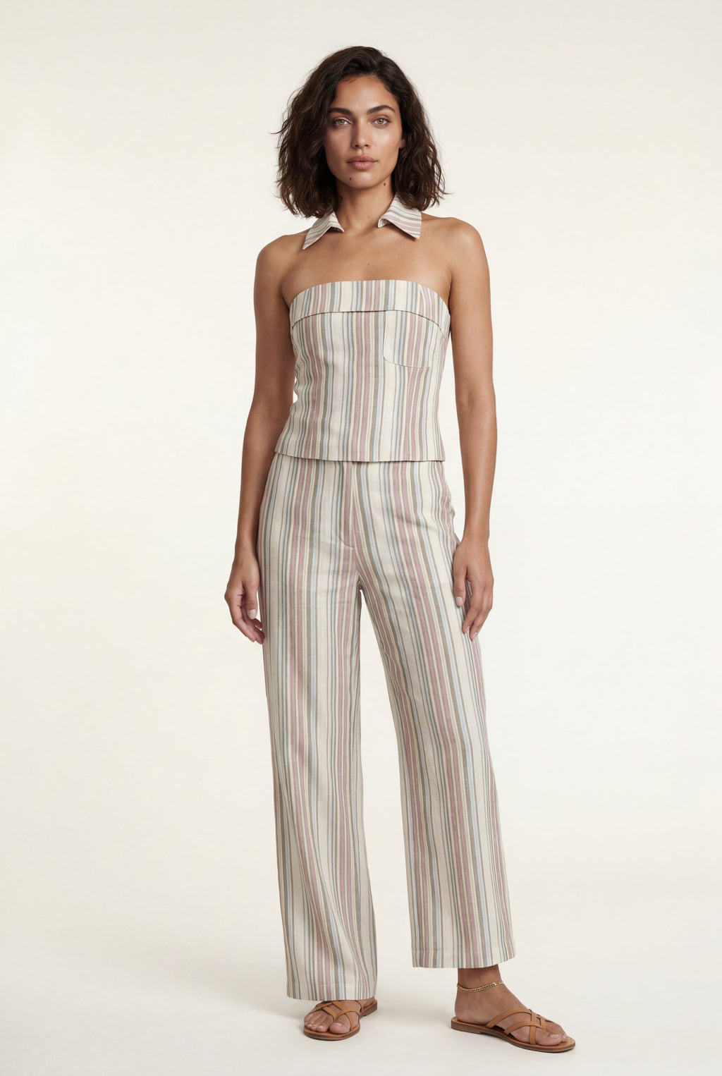 Striped Halter Neck Two Piece Set with Wide Leg Pants | Elcevi
