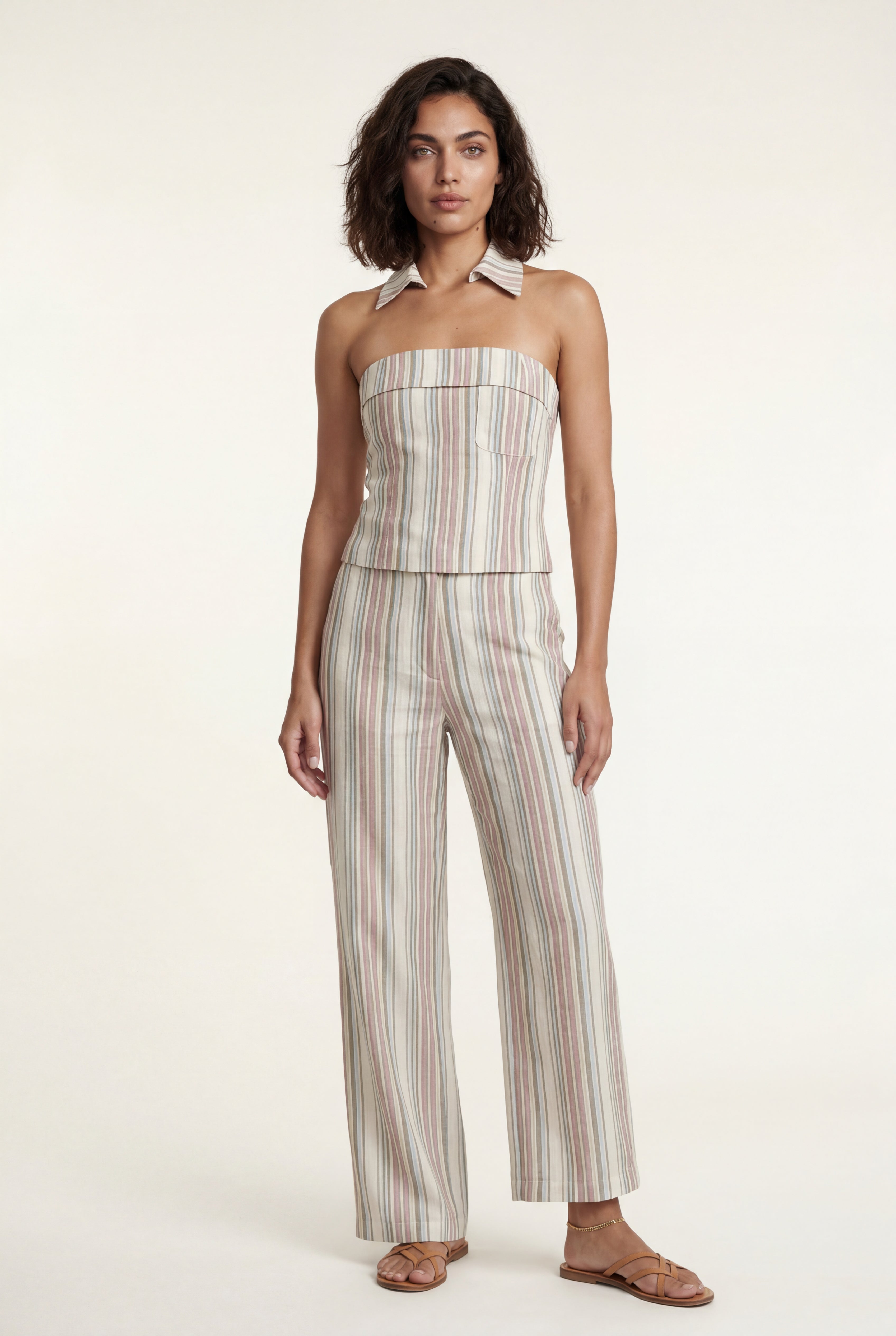 Striped Halter Neck Two Piece Set with Wide Leg Pants | Elcevi
