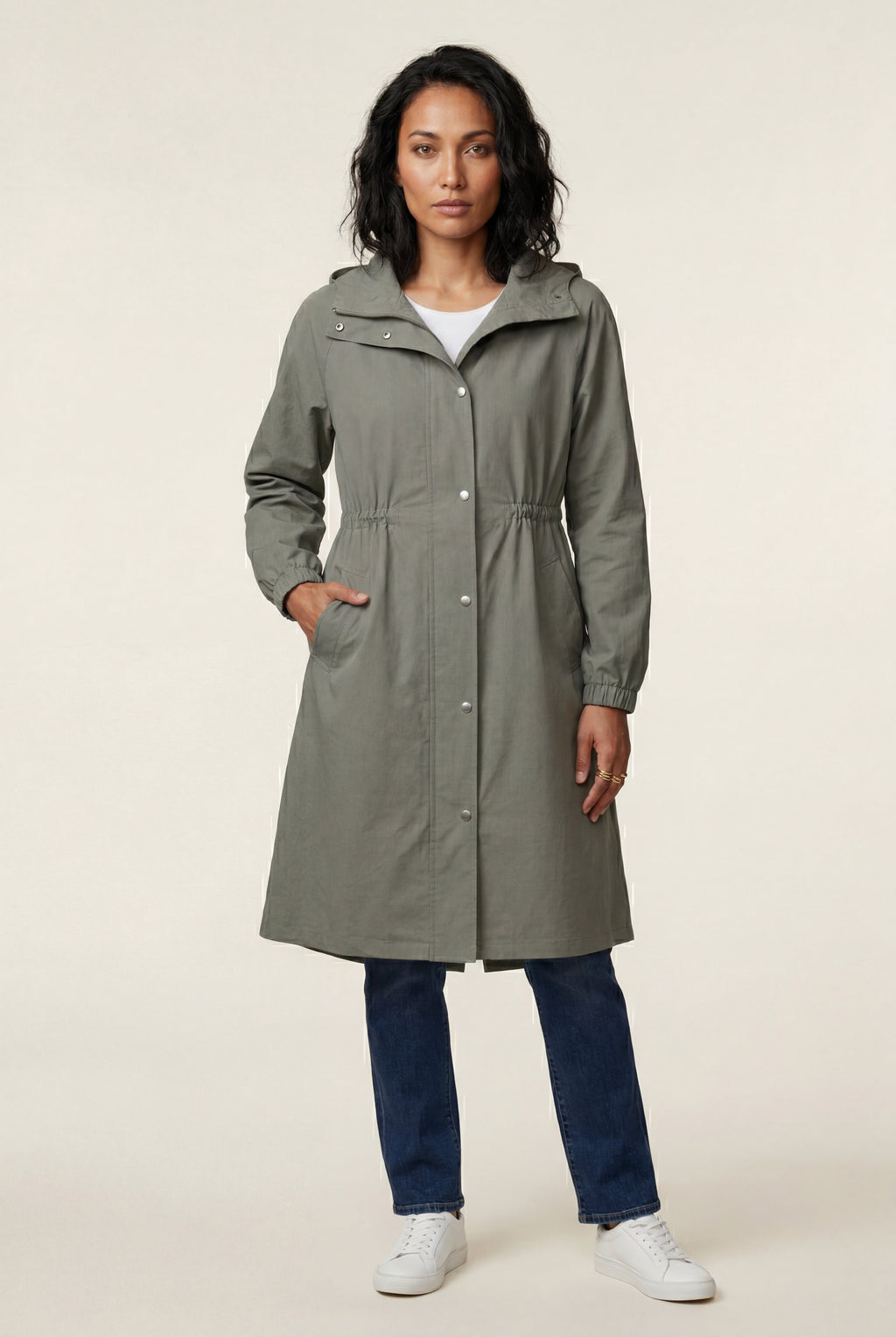 Hooded Snap Button Long Parka Coat with Adjustable Waist | Elcevi
