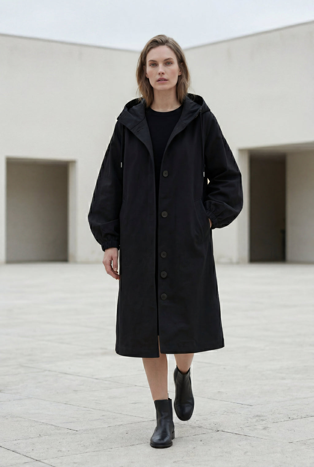 Hooded Snap Button Long Parka Coat with Adjustable Waist | Elcevi