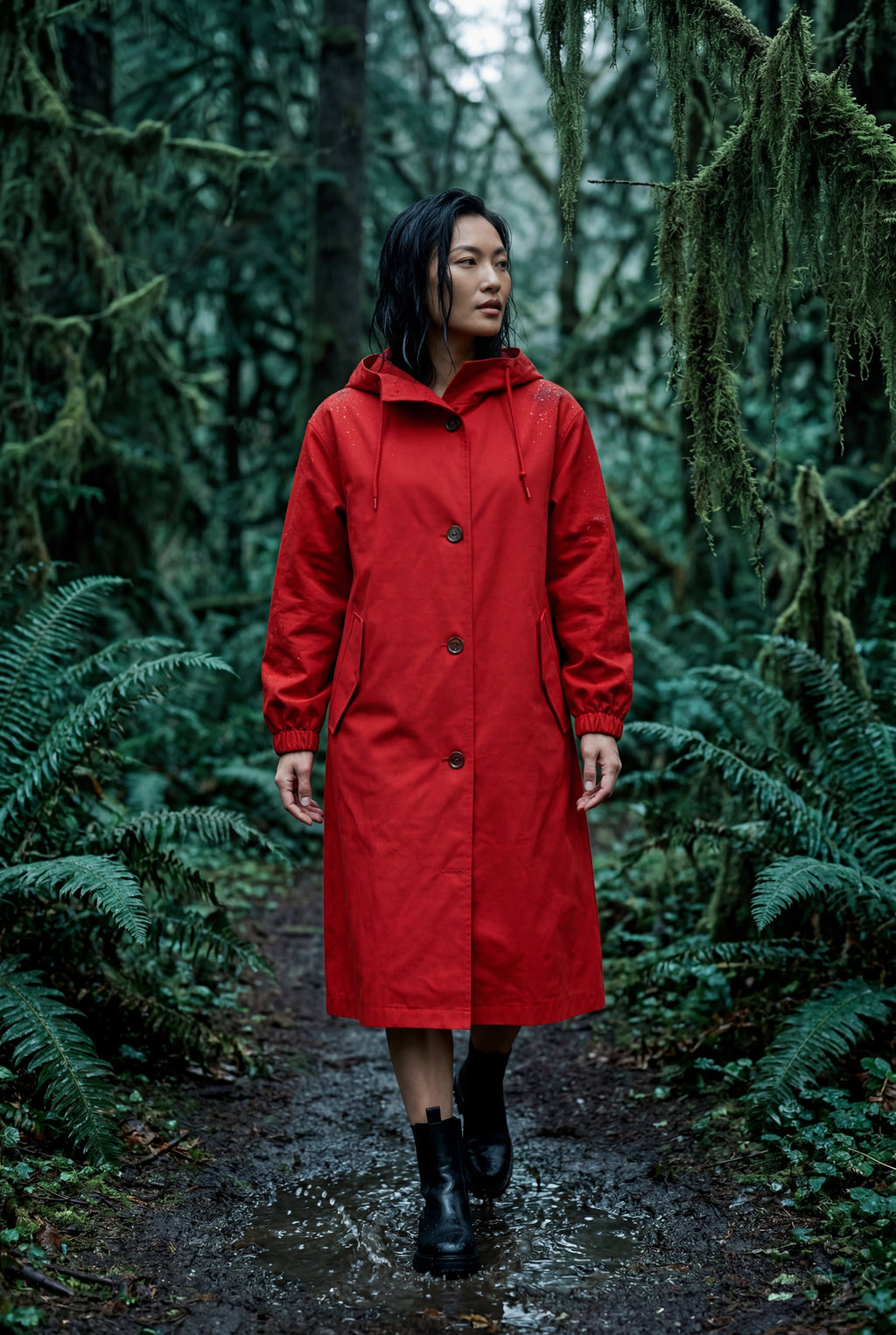 Hooded Snap Button Long Parka Coat with Adjustable Waist | Elcevi
