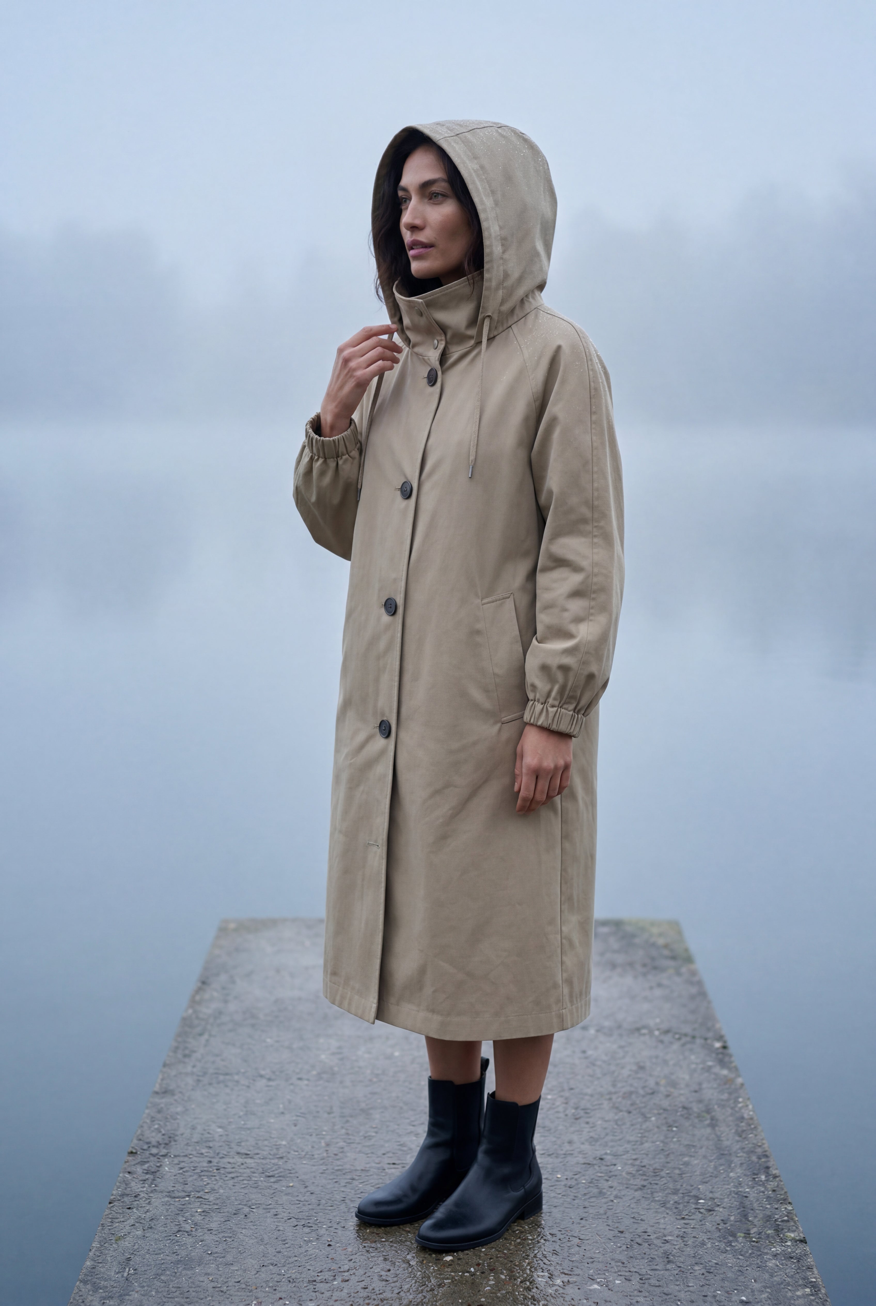 Hooded Snap Button Long Parka Coat with Adjustable Waist | Elcevi