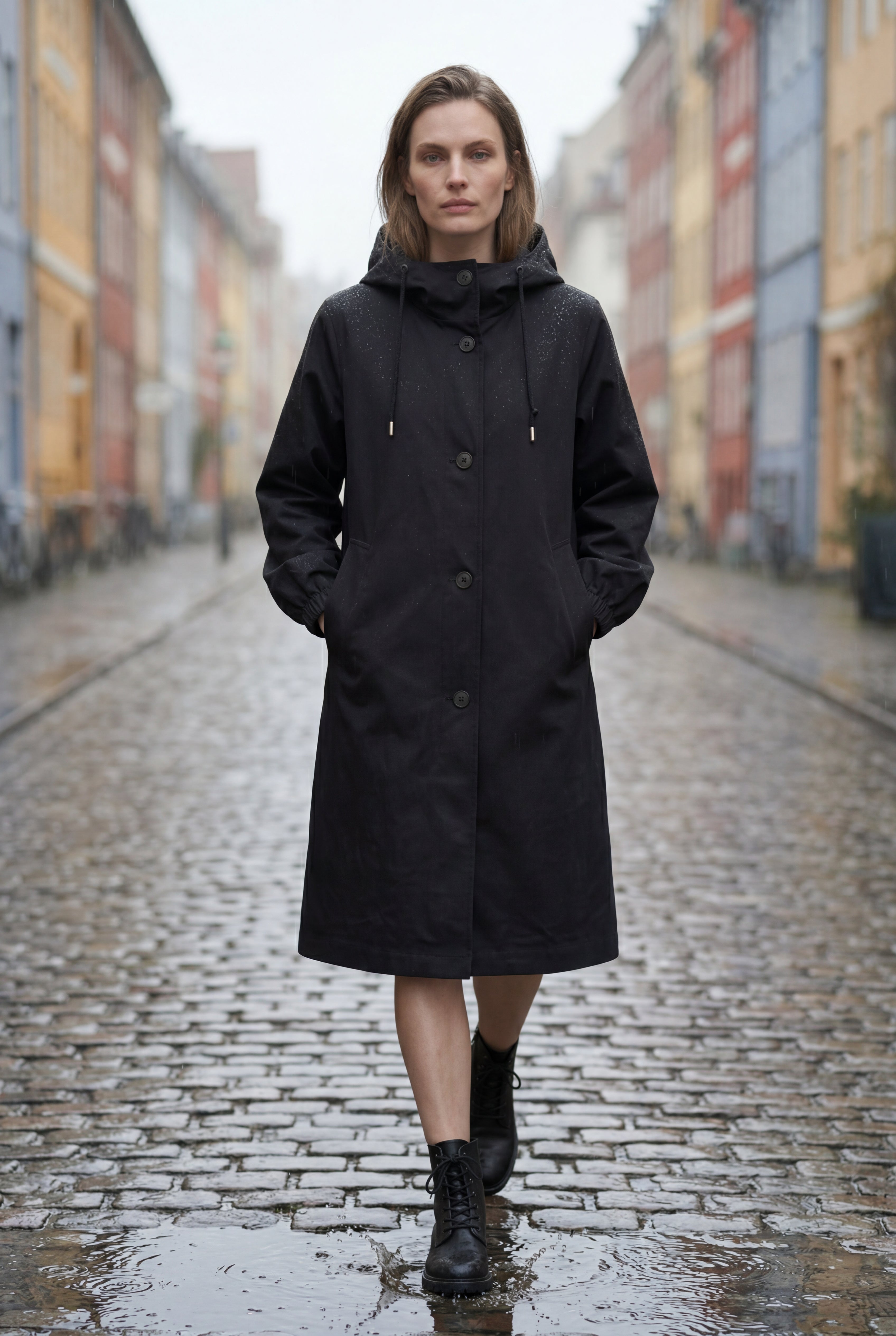 Hooded Snap Button Long Parka Coat with Adjustable Waist | Elcevi