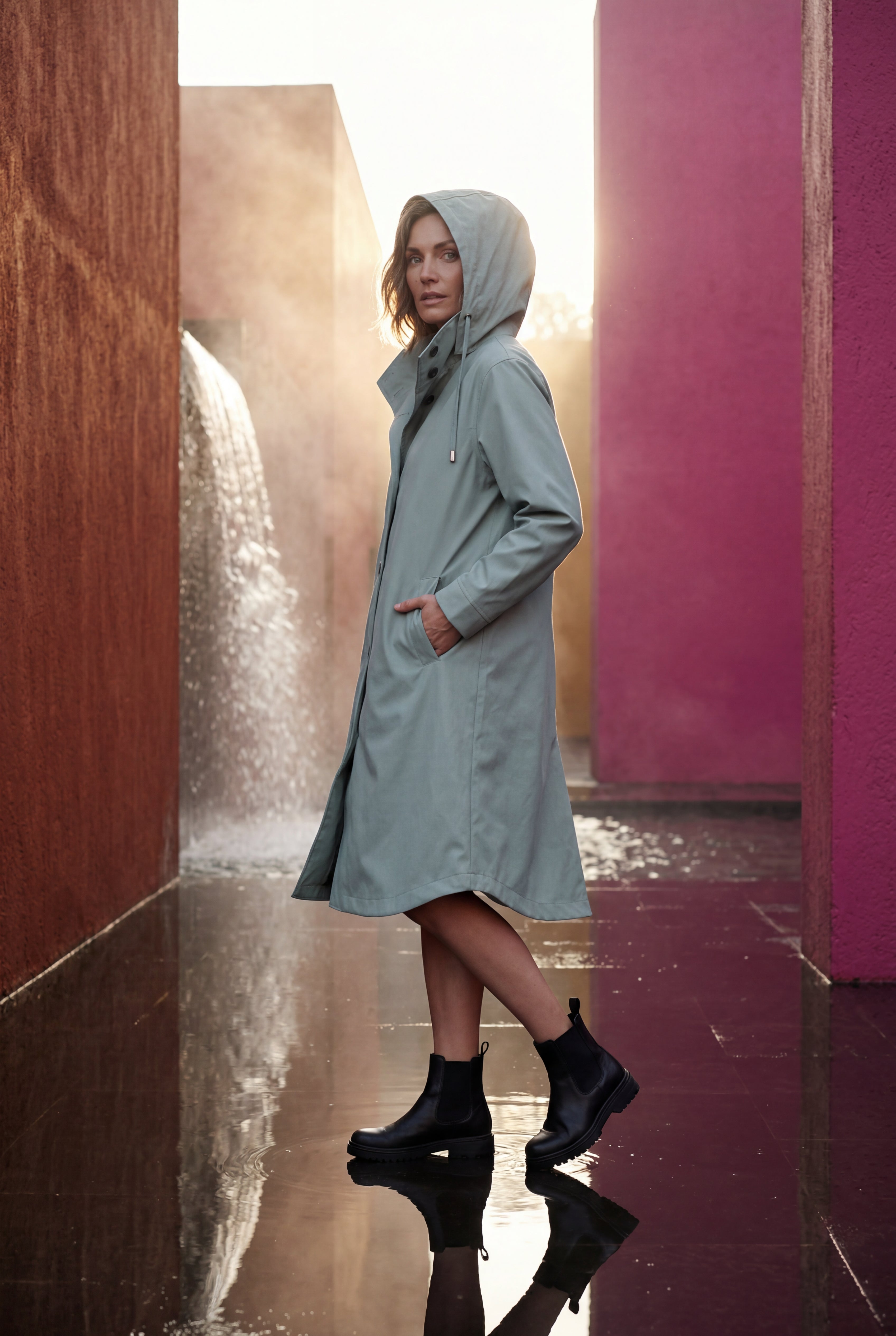 Hooded Snap Button Long Parka Coat with Adjustable Waist | Elcevi