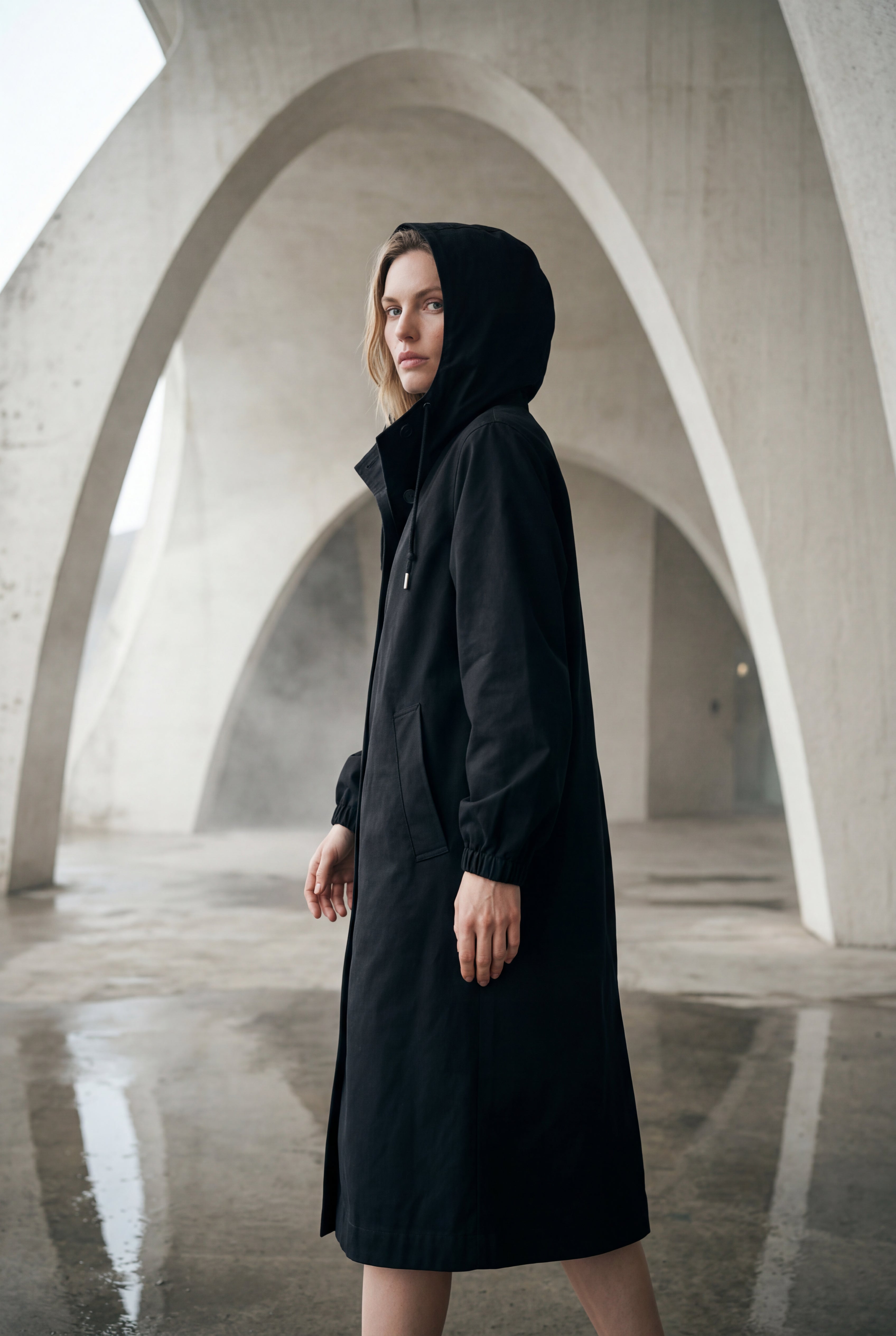 Hooded Snap Button Long Parka Coat with Adjustable Waist | Elcevi
