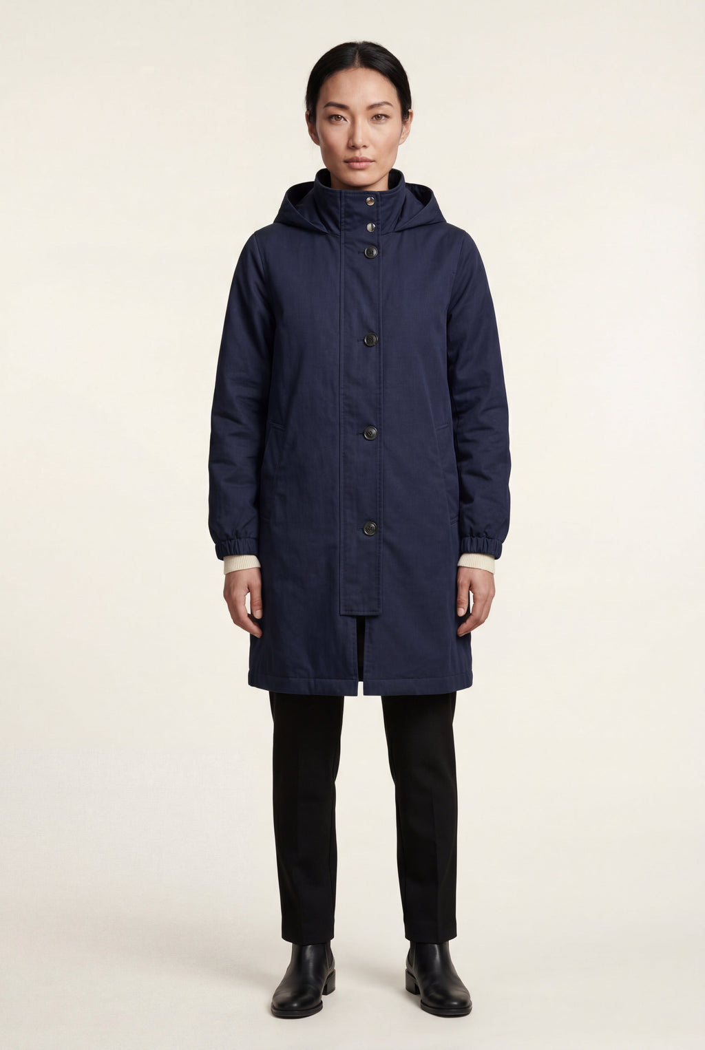 Hooded Snap Button Long Parka Coat with Adjustable Waist | Elcevi