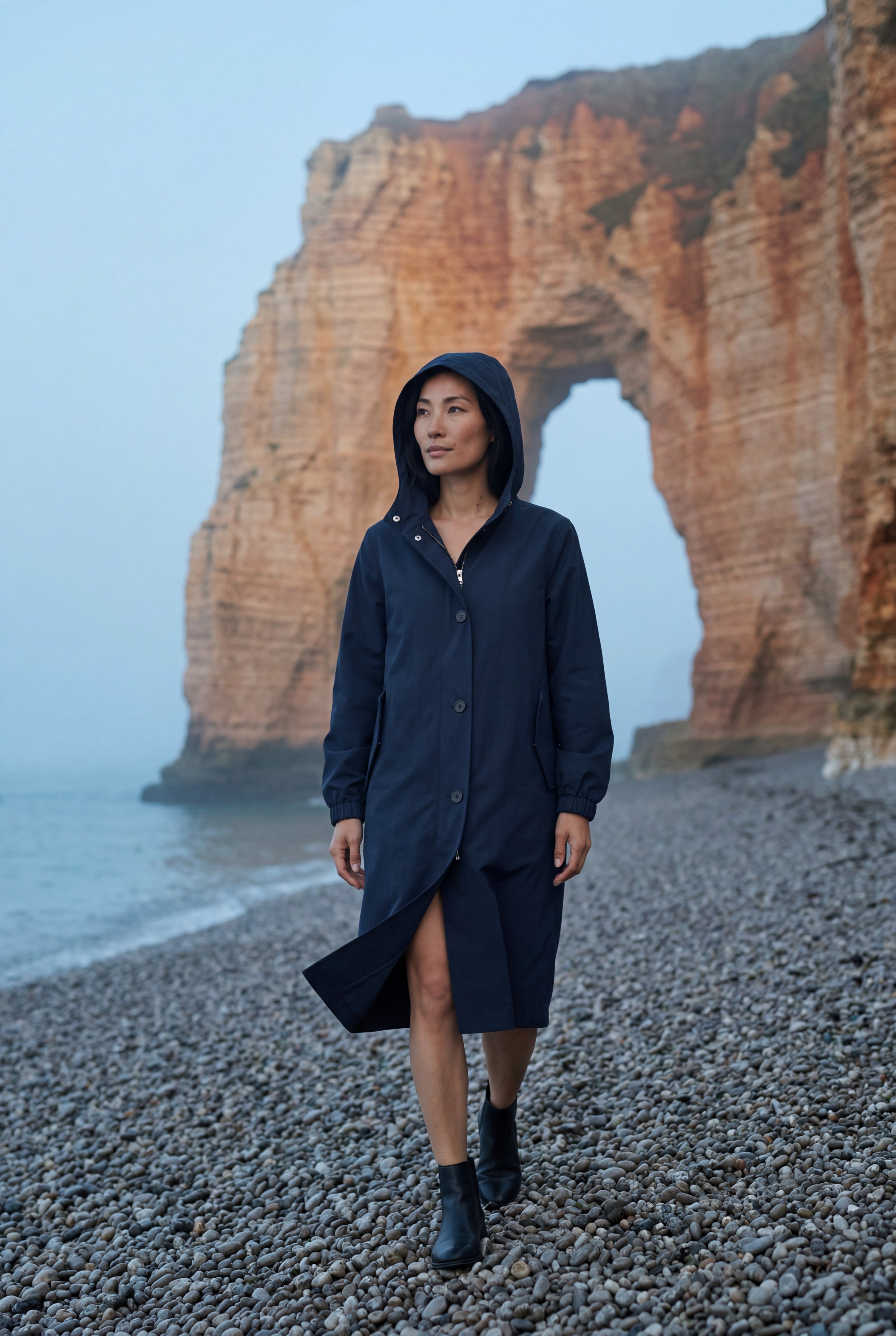 Hooded Snap Button Long Parka Coat with Adjustable Waist | Elcevi