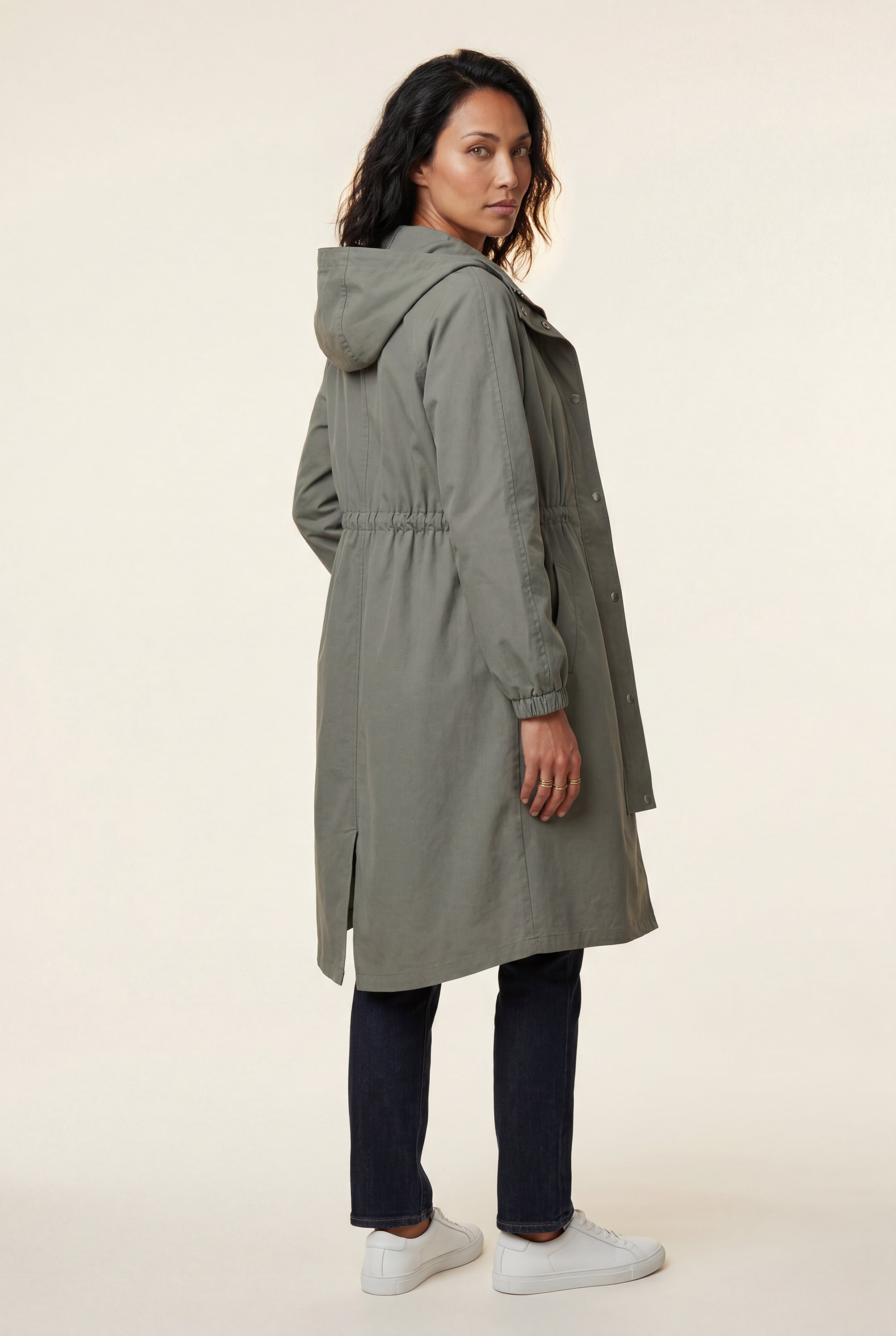 Hooded Snap Button Long Parka Coat with Adjustable Waist | Elcevi