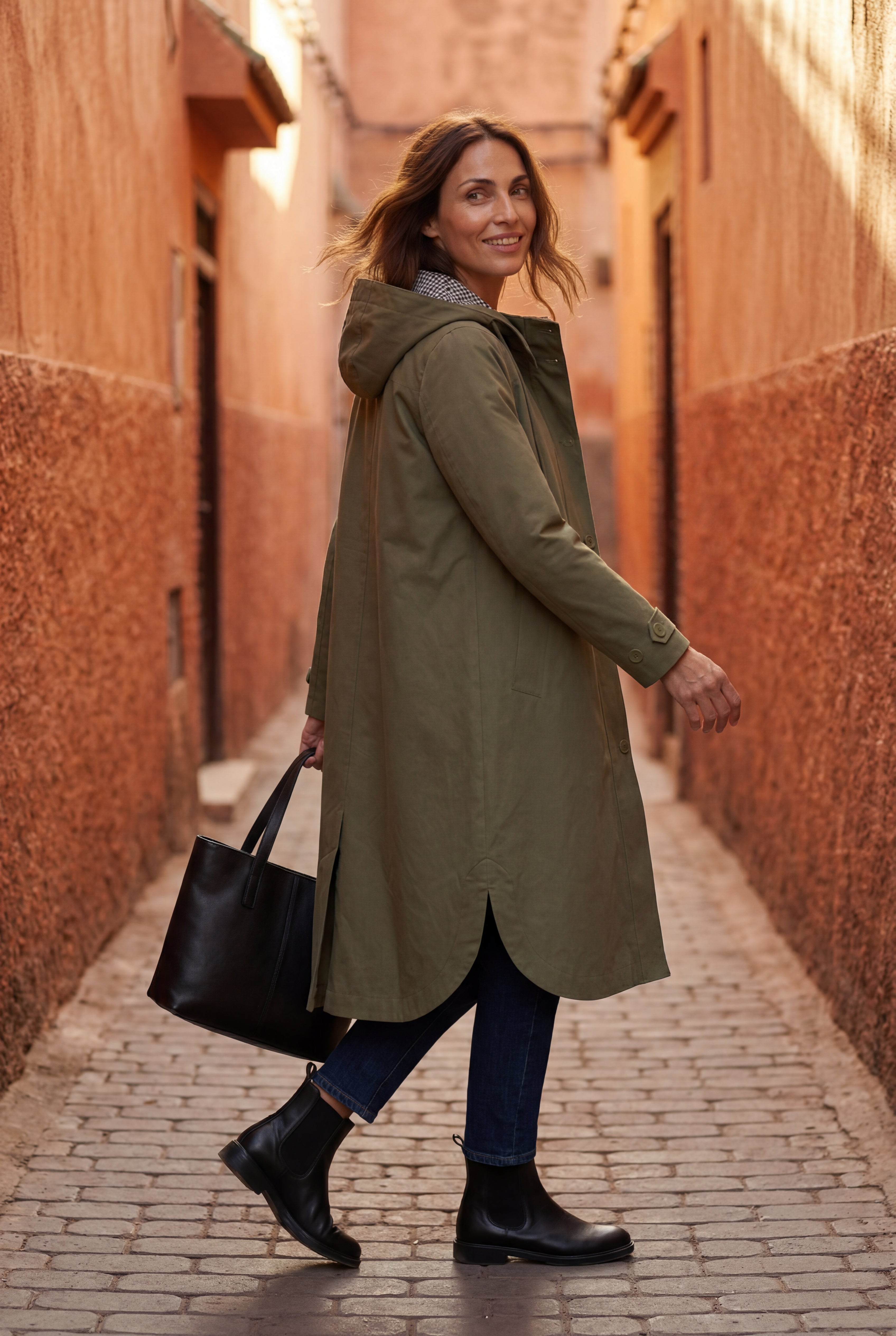 Hooded Snap Button Long Parka Coat with Adjustable Waist | Elcevi