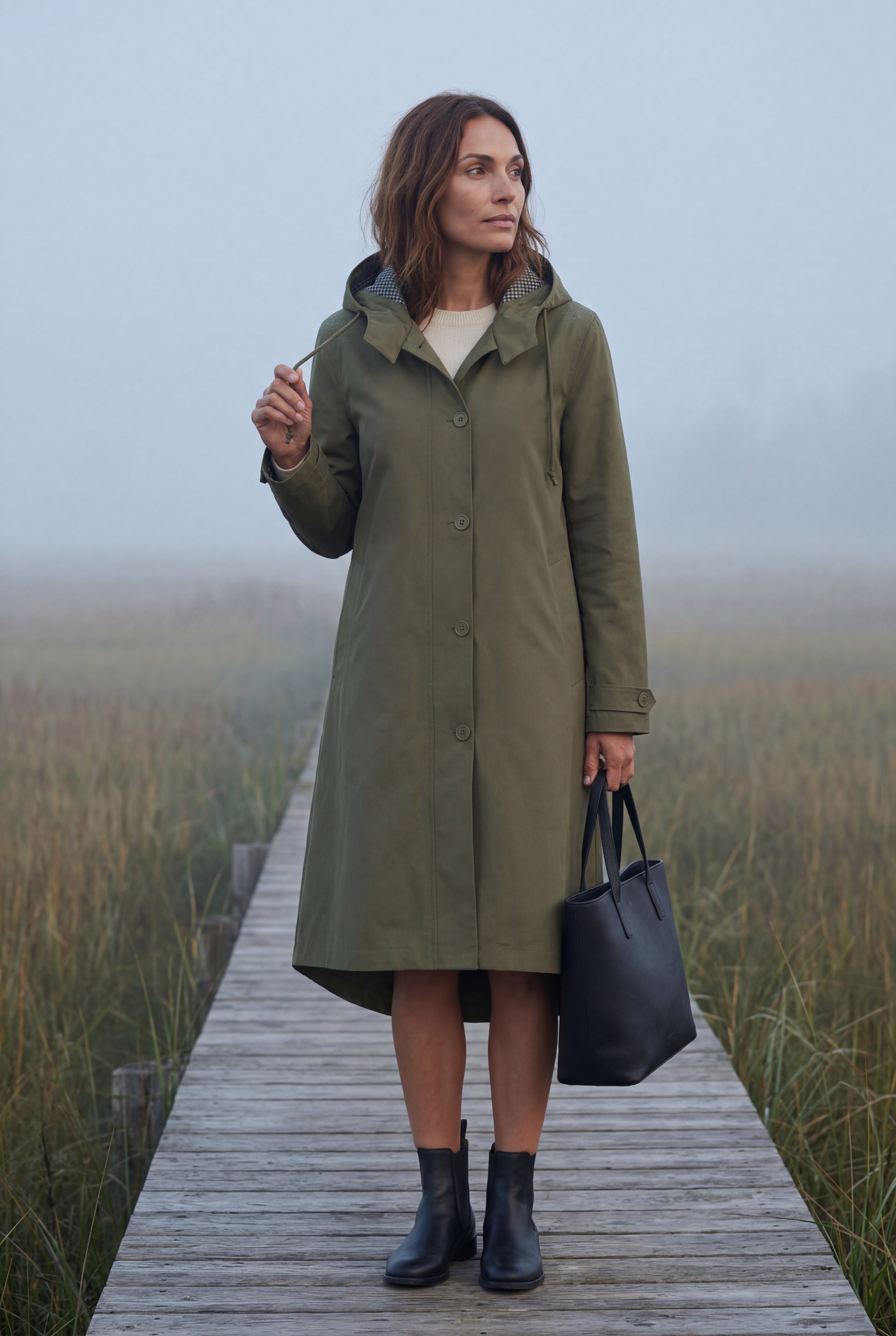 Hooded Snap Button Long Parka Coat with Adjustable Waist | Elcevi