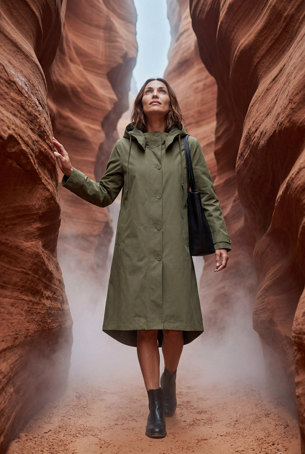 Hooded Snap Button Long Parka Coat with Adjustable Waist | Elcevi