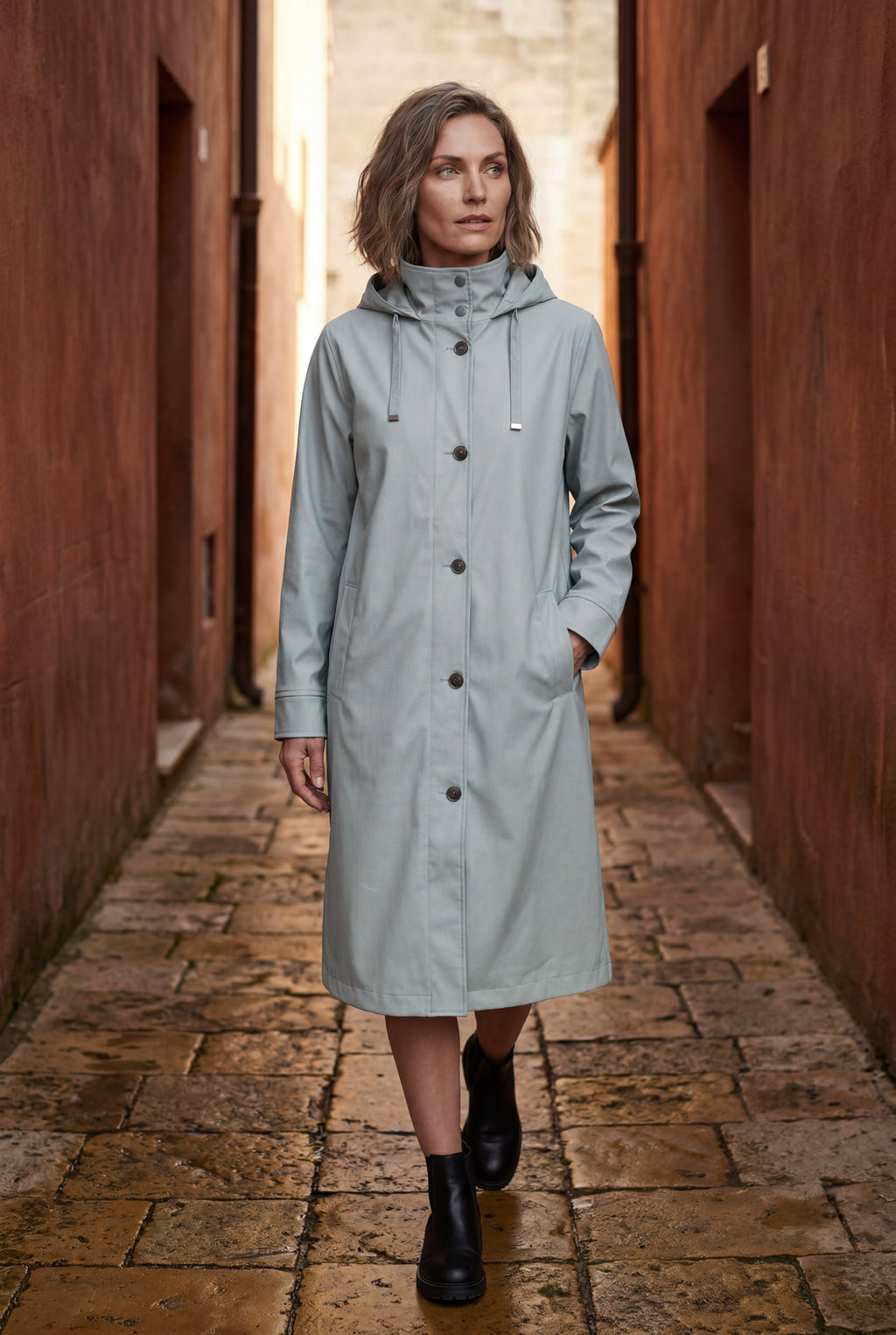 Hooded Snap Button Long Parka Coat with Adjustable Waist | Elcevi