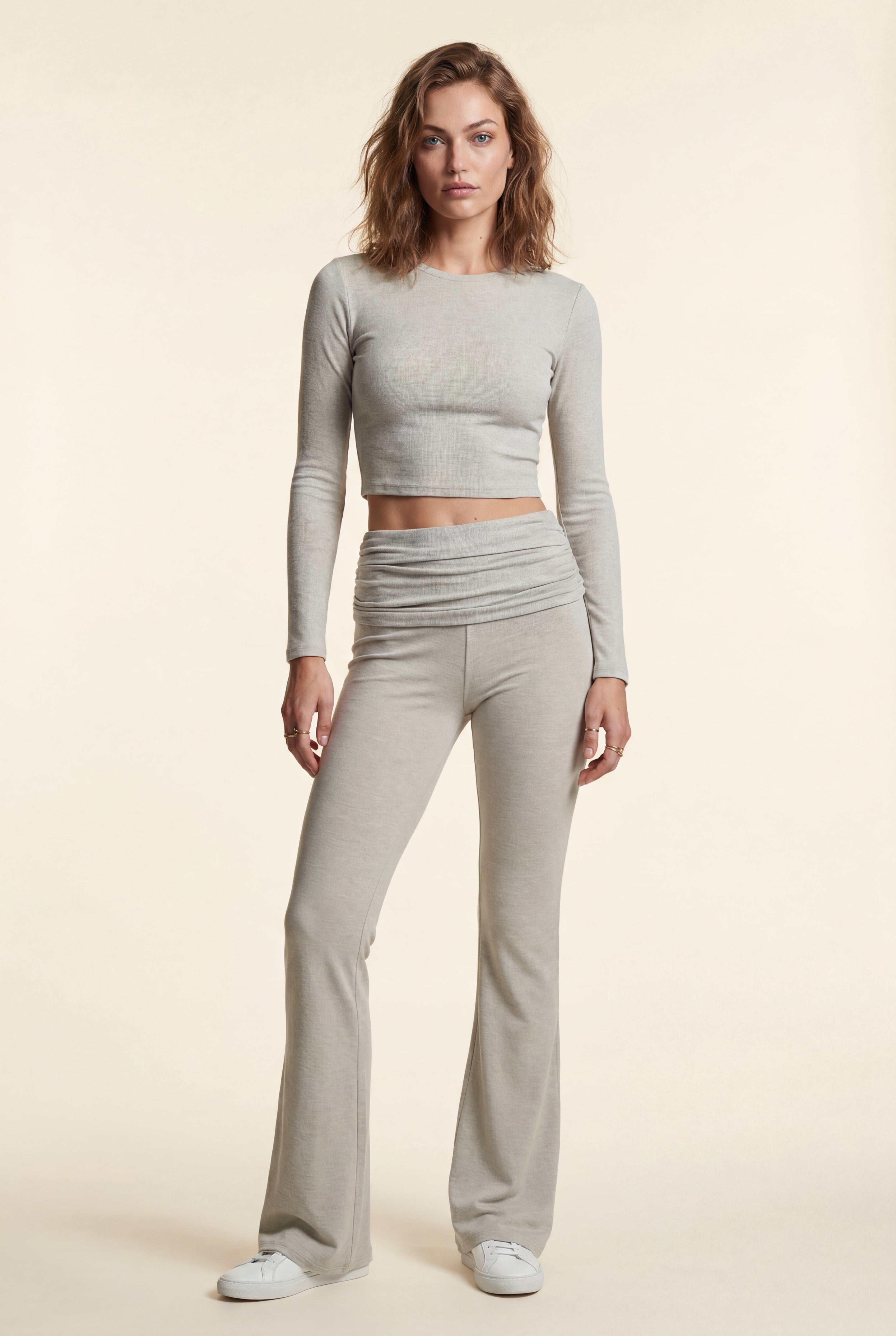 Lisa | Light Gray Ribbed Crop Top and Flared Pants Set