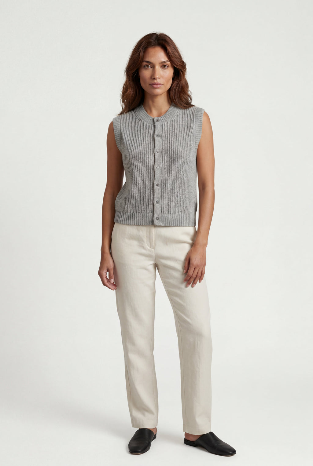 Lisa | Ribbed Button-front Sleeveless Crew Neck Vest