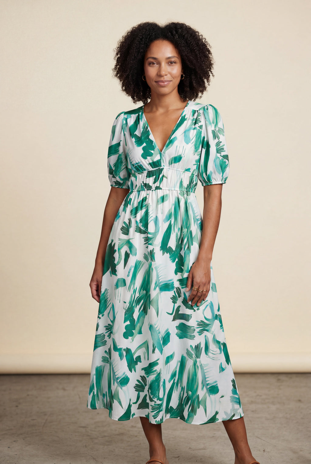 Alyssa | Puff Sleeve V-neck Midi Dress with Elastic Waist For Women