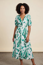 Alyssa | Puff Sleeve V-neck Midi Dress with Elastic Waist For Women