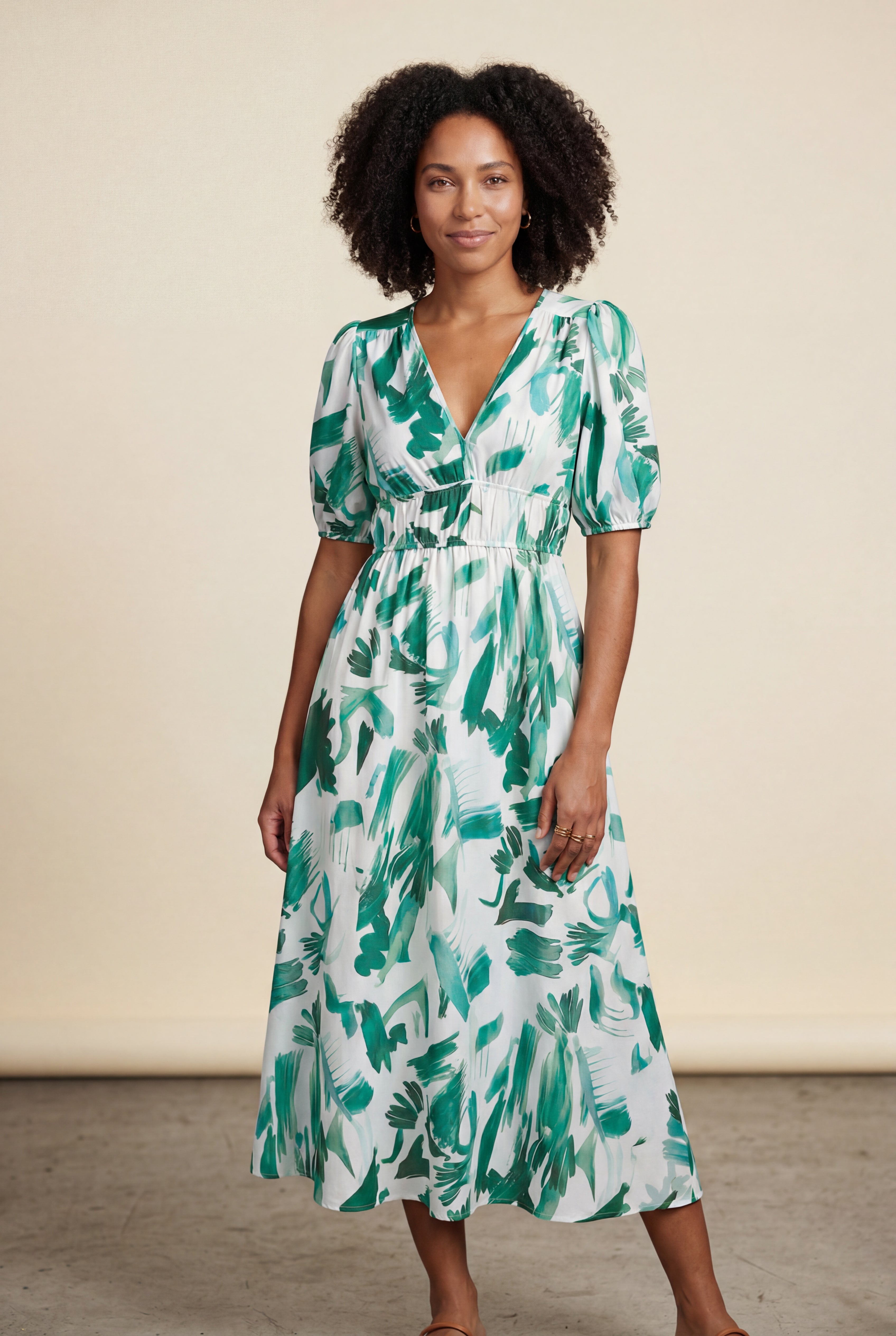 Alyssa | Puff Sleeve V-neck Midi Dress with Elastic Waist For Women