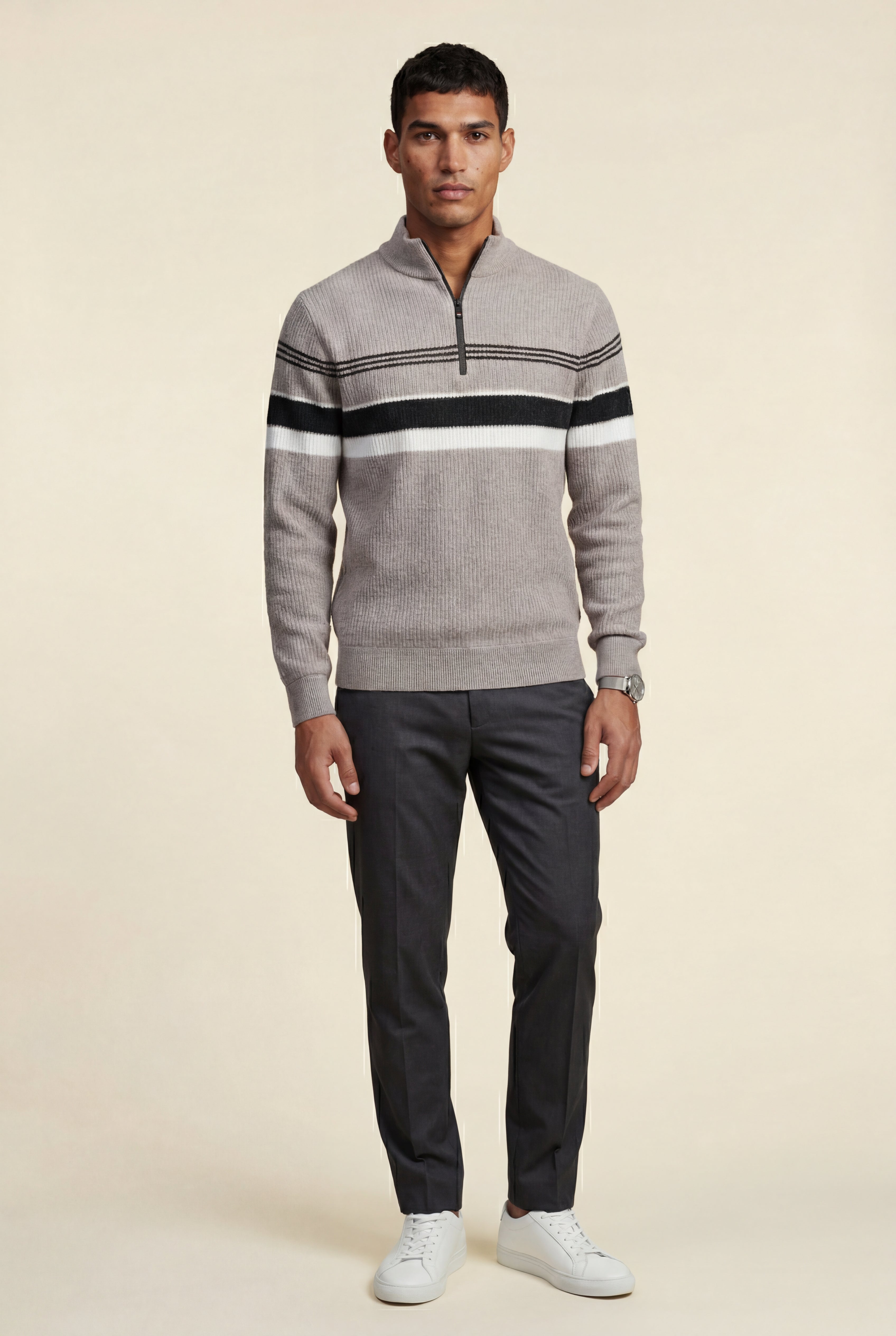 Half Zip Stand Collar Striped Sweater | James