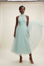 Alyssa | Pleated Halter Neck Midi Dress with Open Back Detail For Women