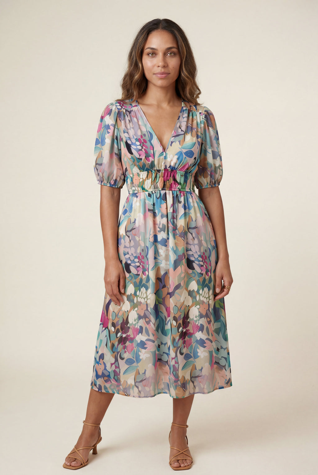 Alyssa | Puff Sleeve V-neck Midi Dress with Elastic Waist For Women