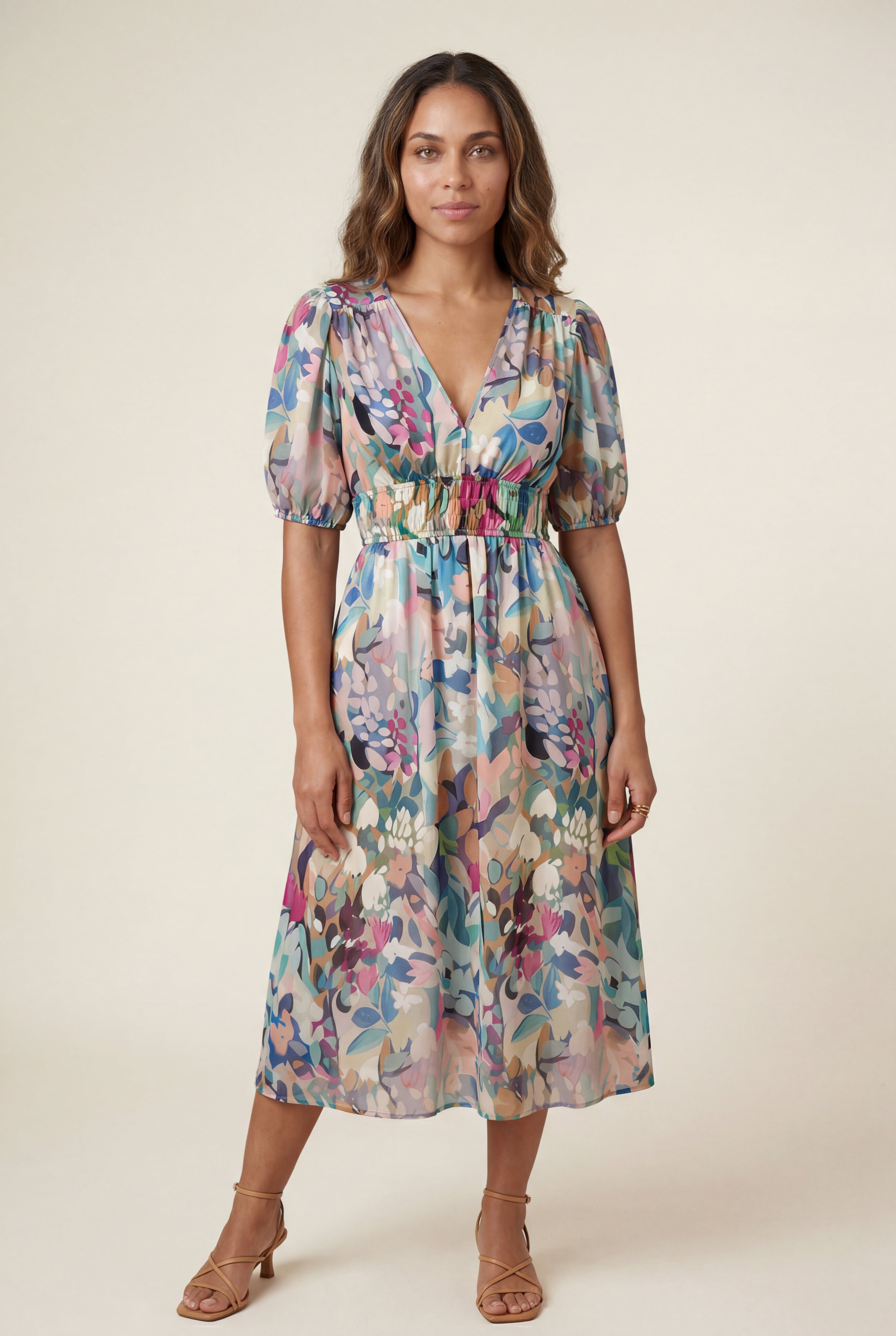 Alyssa | Puff Sleeve V-neck Midi Dress with Elastic Waist For Women