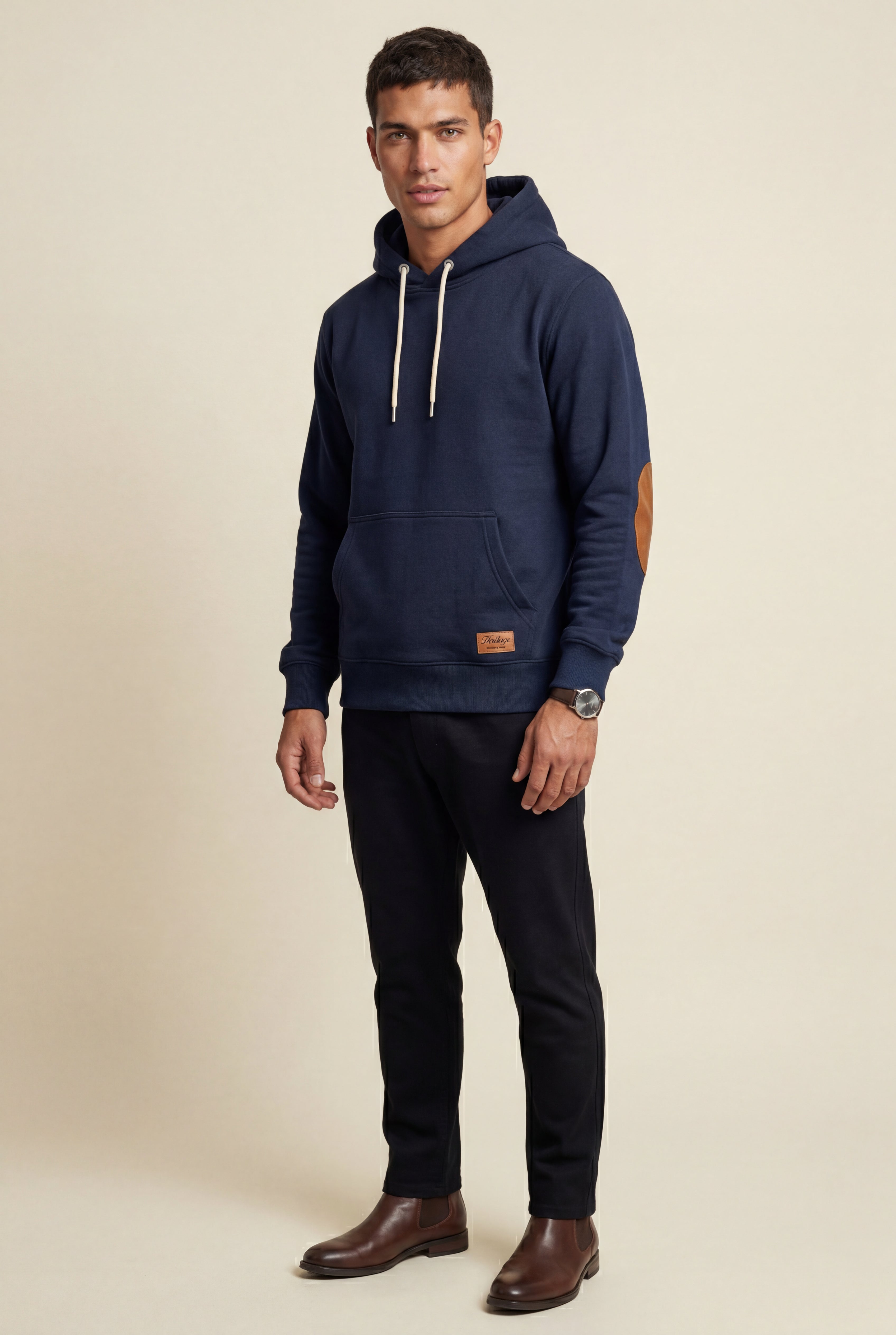 Liam | Contrast Elbow Patch Pullover Hoodie with Drawstring Hood
