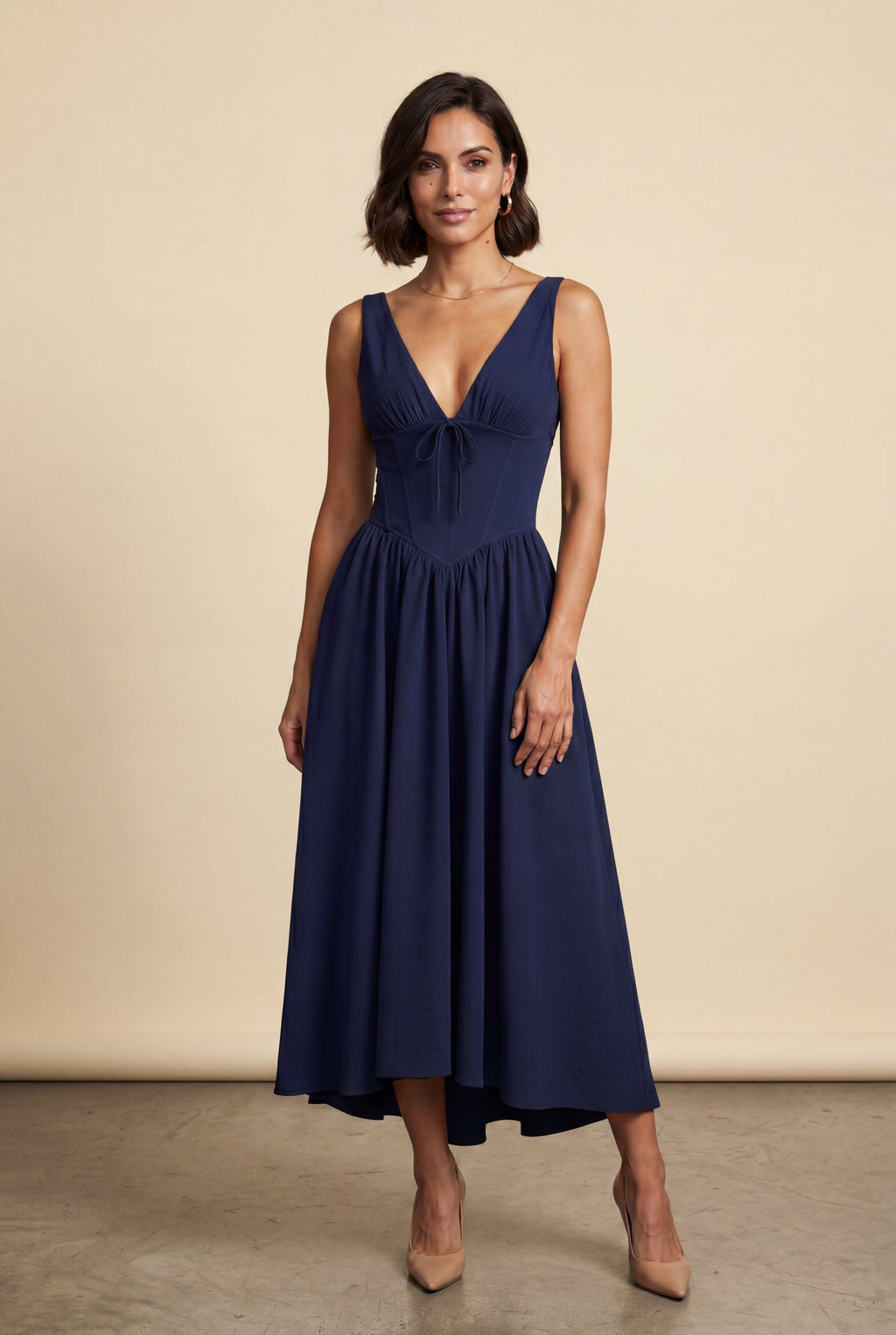 Alyssa | Corset Bodice Sleeveless Midi Dress with Tie Front For Women