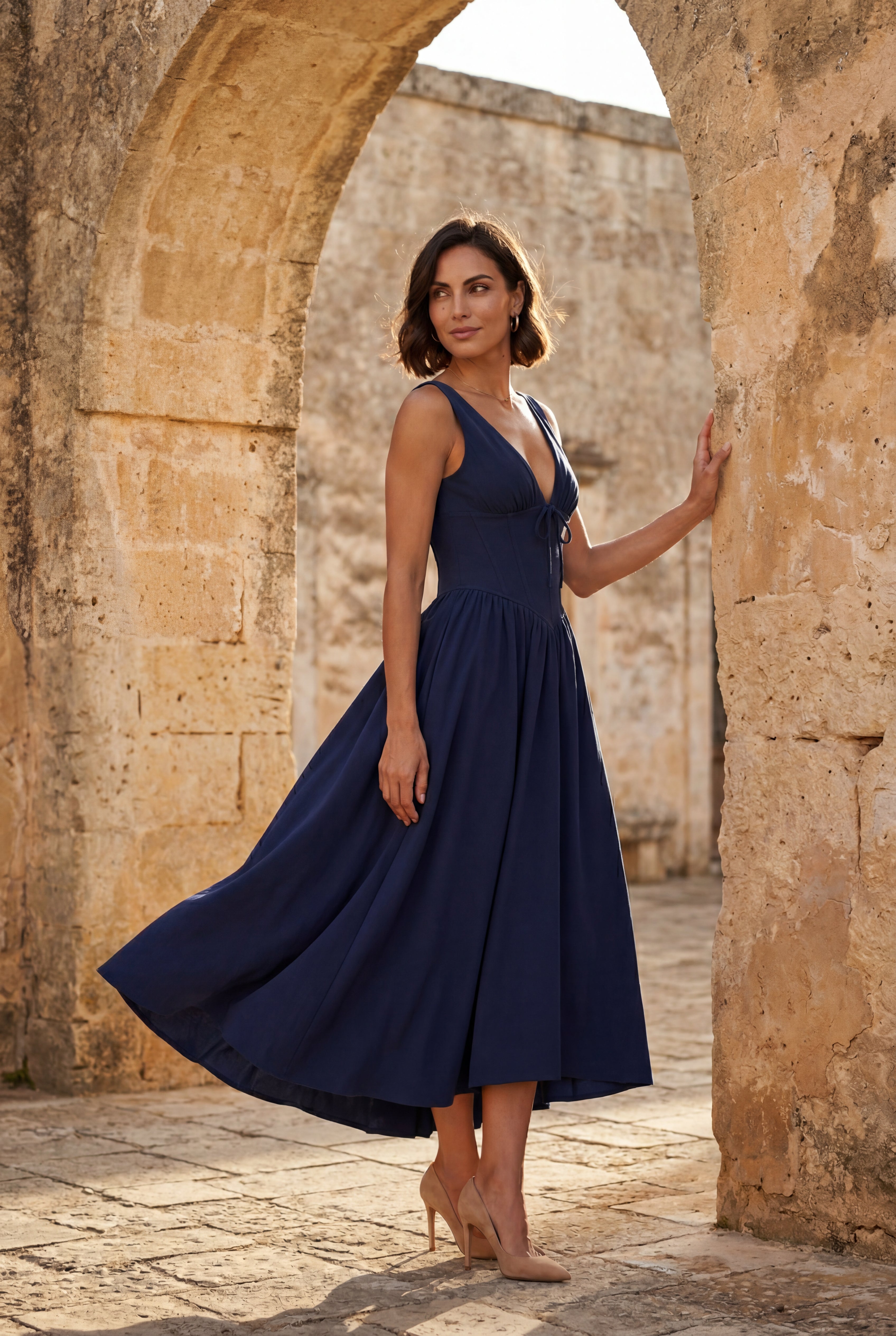 Alyssa | Corset Bodice Sleeveless Midi Dress with Tie Front For Women
