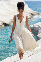 Alyssa | Corset Bodice Sleeveless Midi Dress with Tie Front For Women