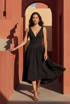 Alyssa | Corset Bodice Sleeveless Midi Dress with Tie Front For Women