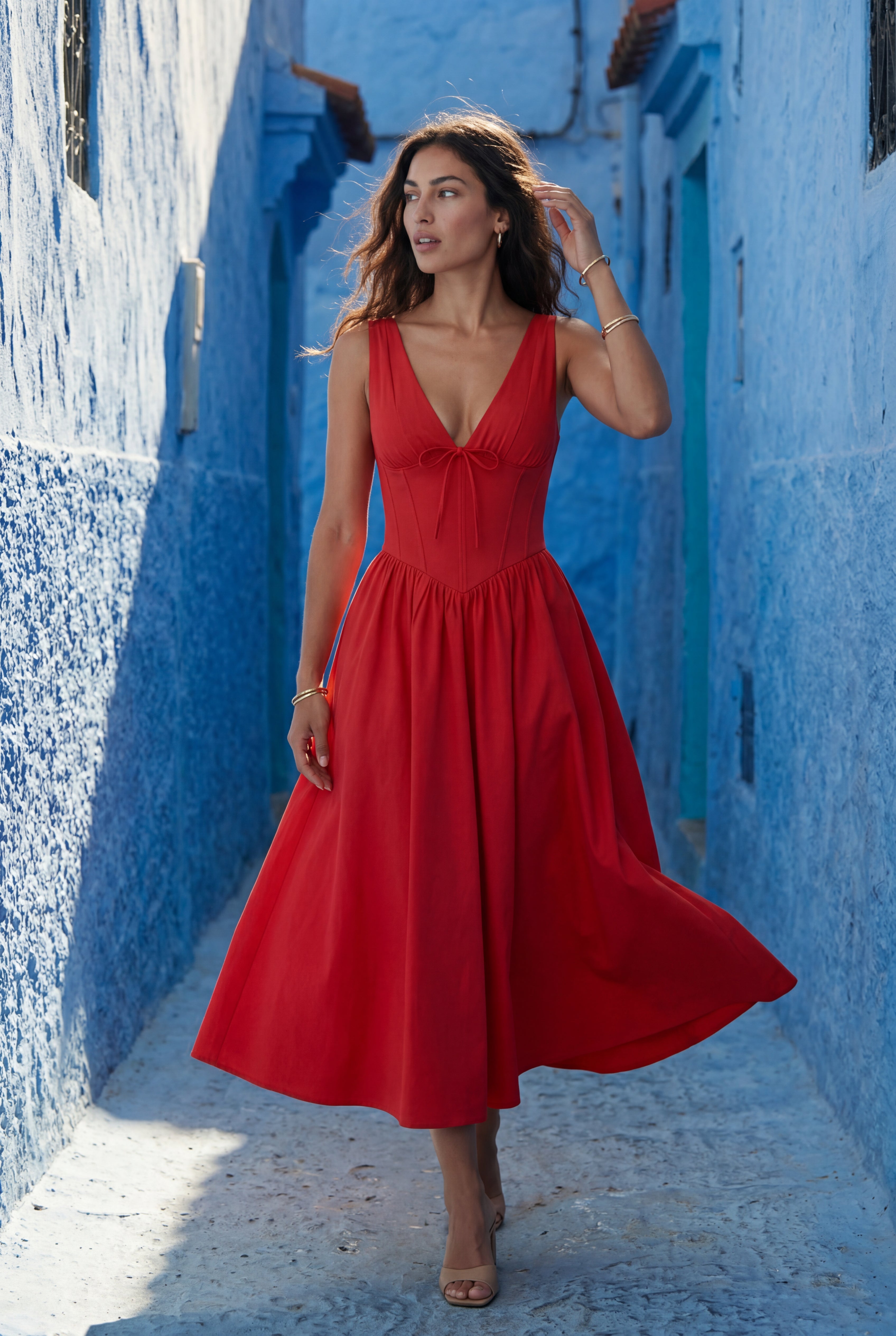 Alyssa | Corset Bodice Sleeveless Midi Dress with Tie Front For Women