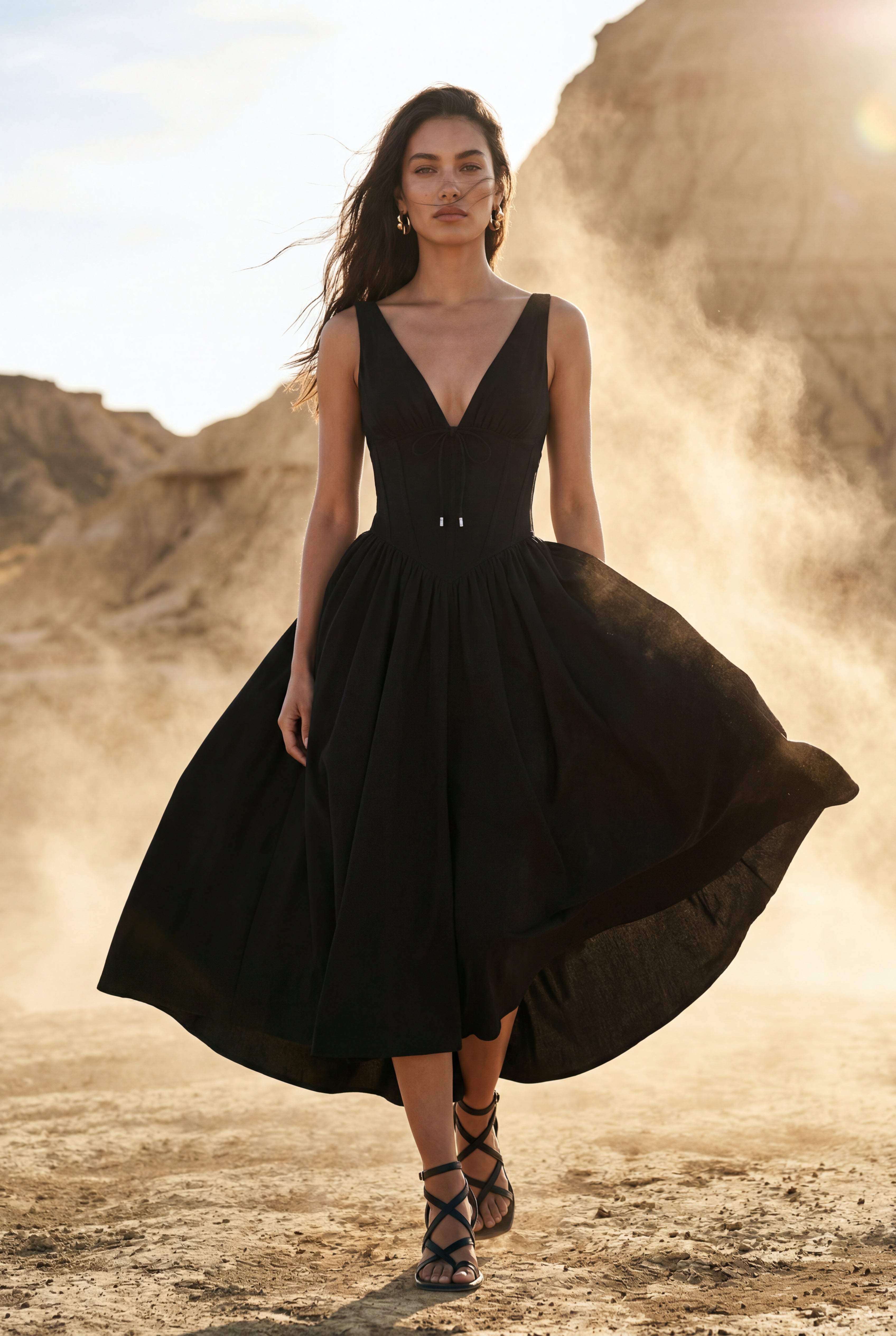Alyssa | Corset Bodice Sleeveless Midi Dress with Tie Front For Women