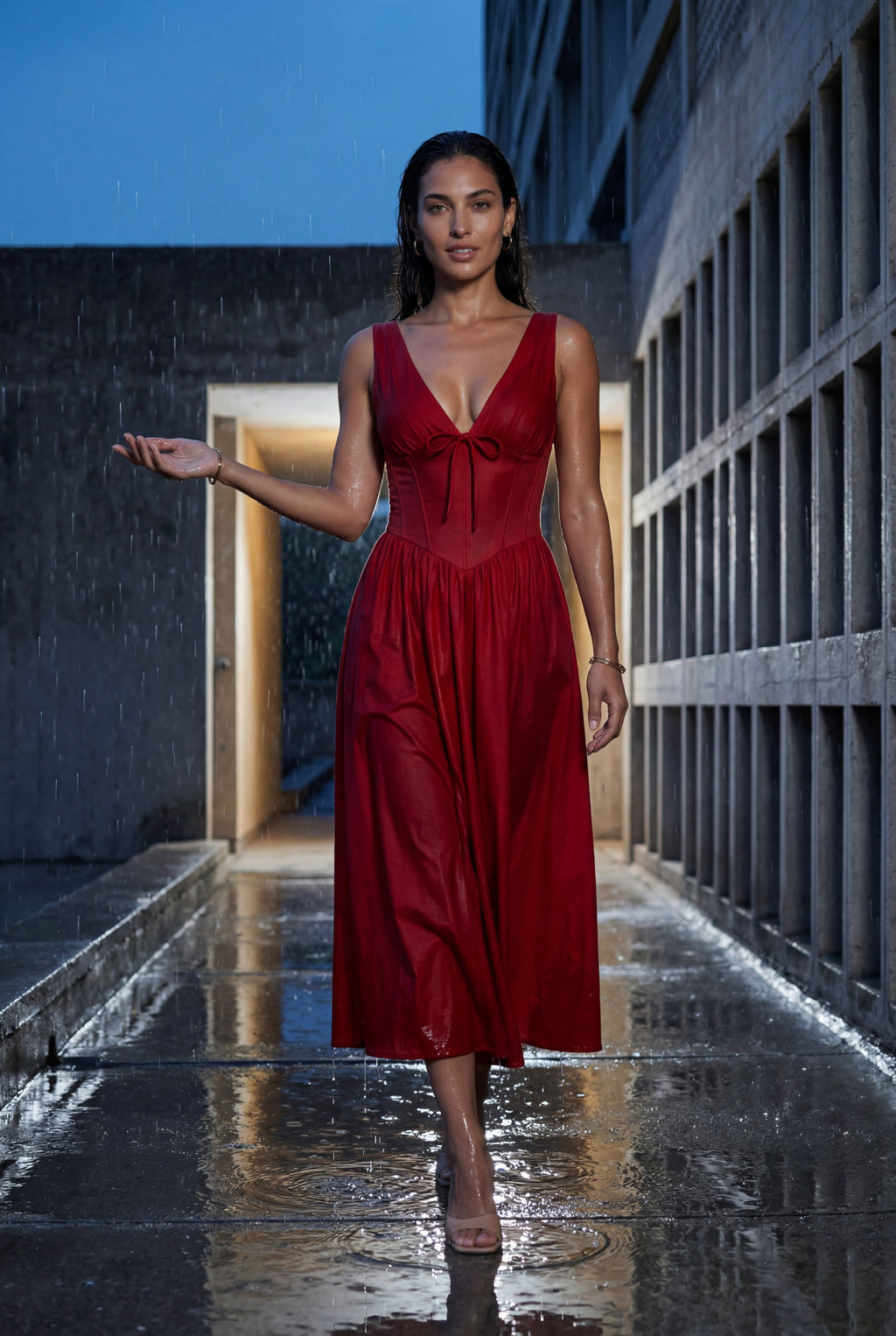 Alyssa | Corset Bodice Sleeveless Midi Dress with Tie Front For Women