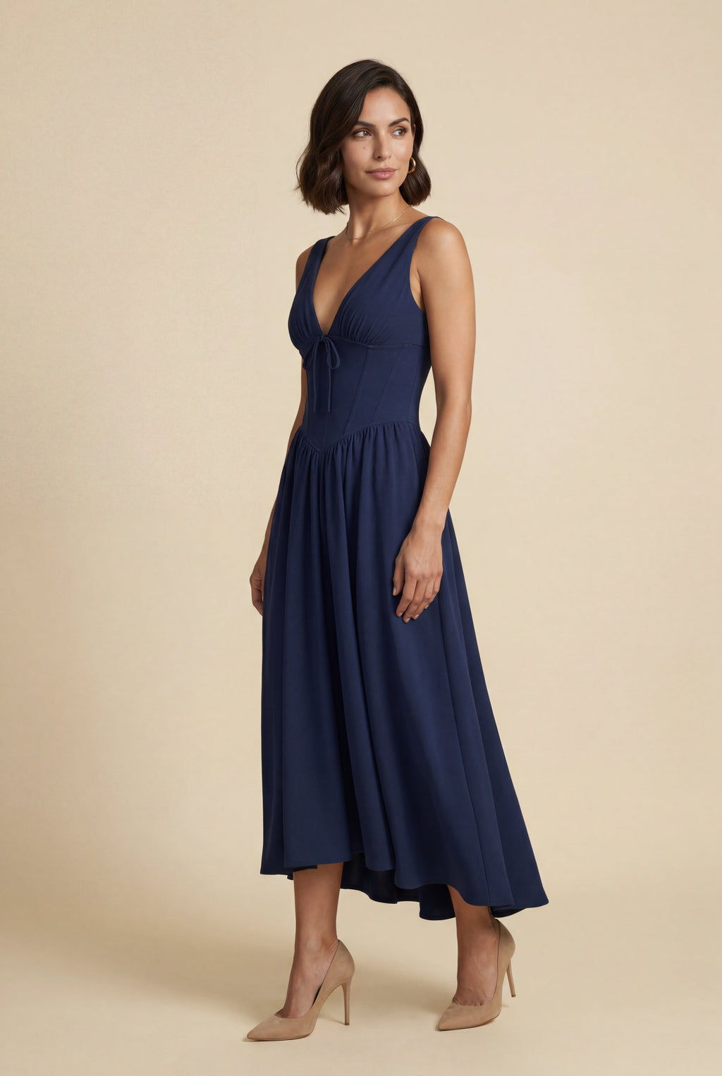 Alyssa | Corset Bodice Sleeveless Midi Dress with Tie Front For Women
