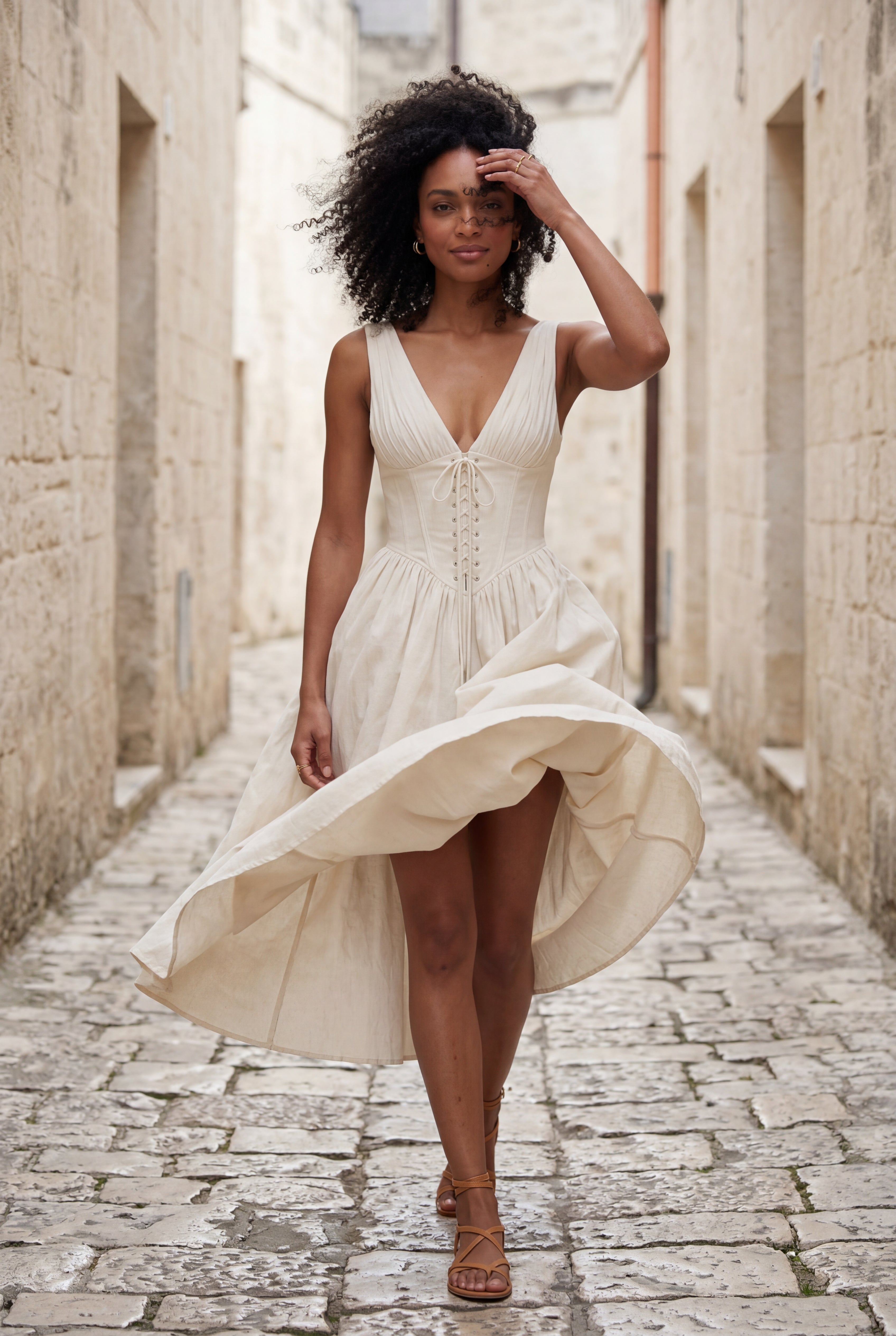 Alyssa | Corset Bodice Sleeveless Midi Dress with Tie Front For Women