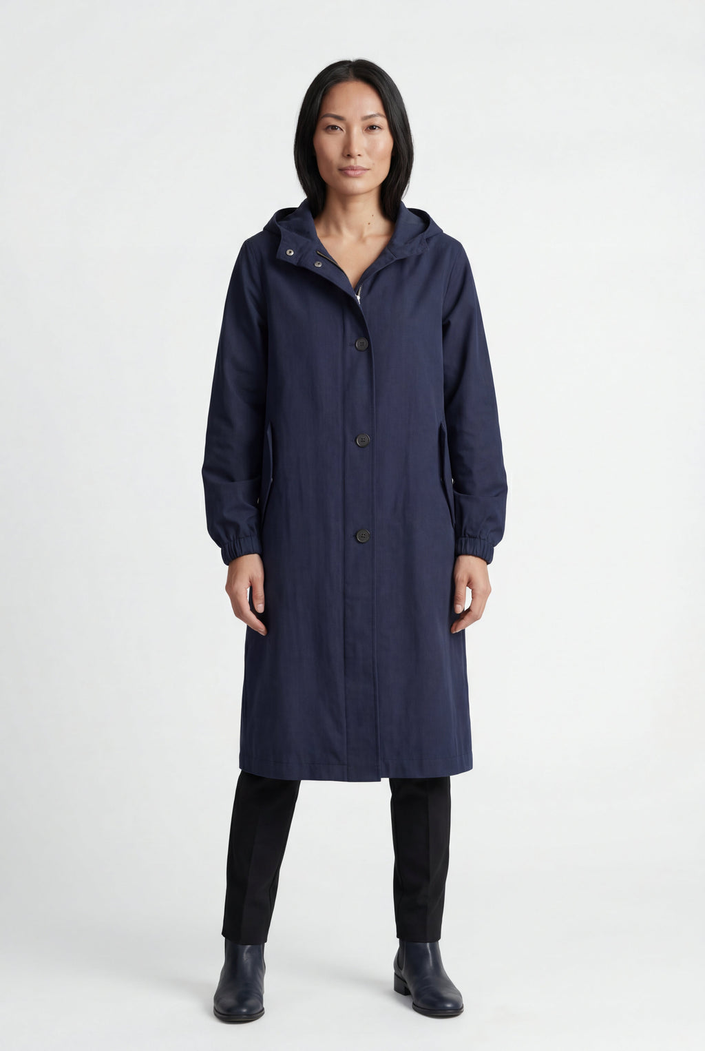 Hooded Snap Button Long Parka Coat with Adjustable Waist | Elcevi