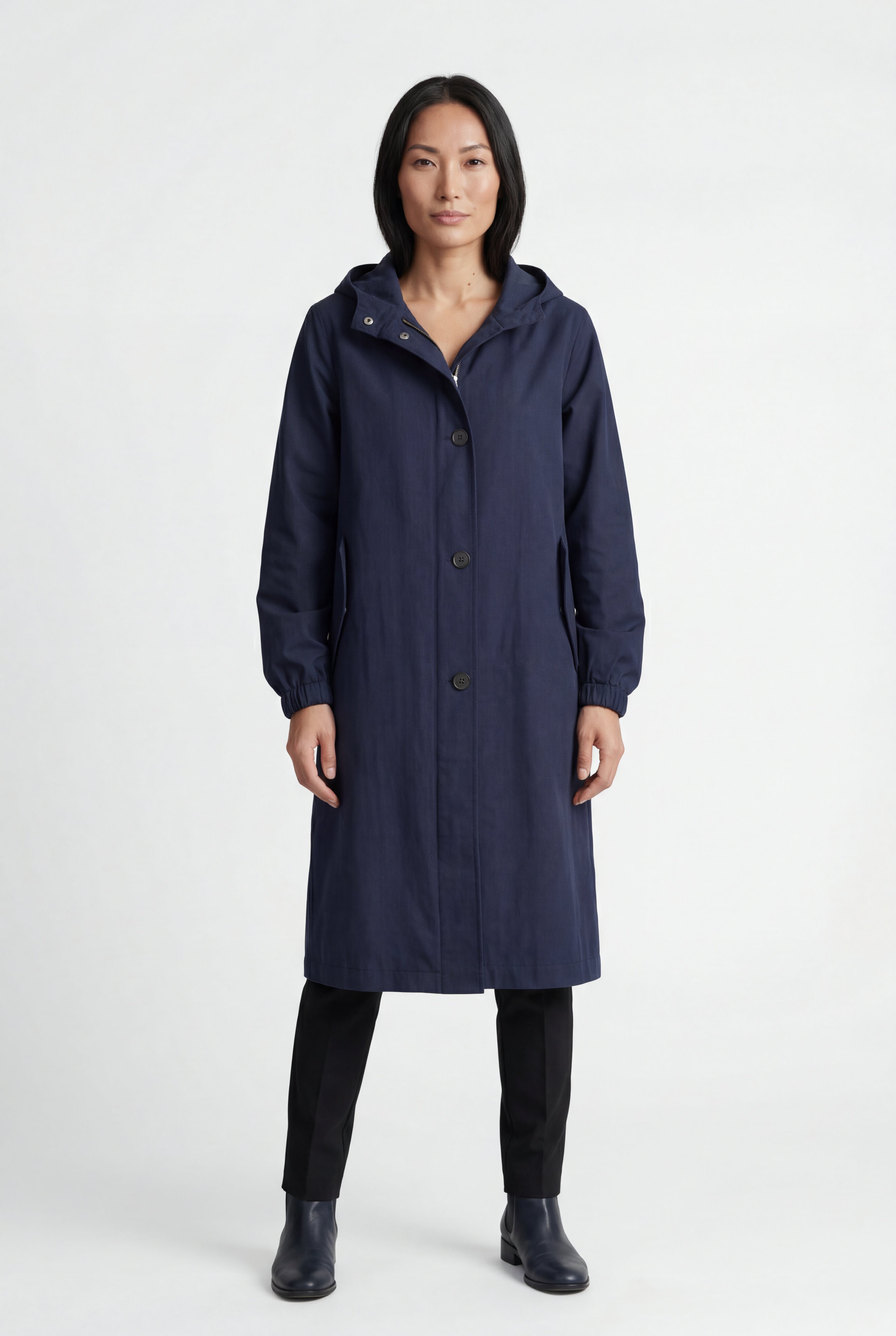Hooded Snap Button Long Parka Coat with Adjustable Waist | Elcevi