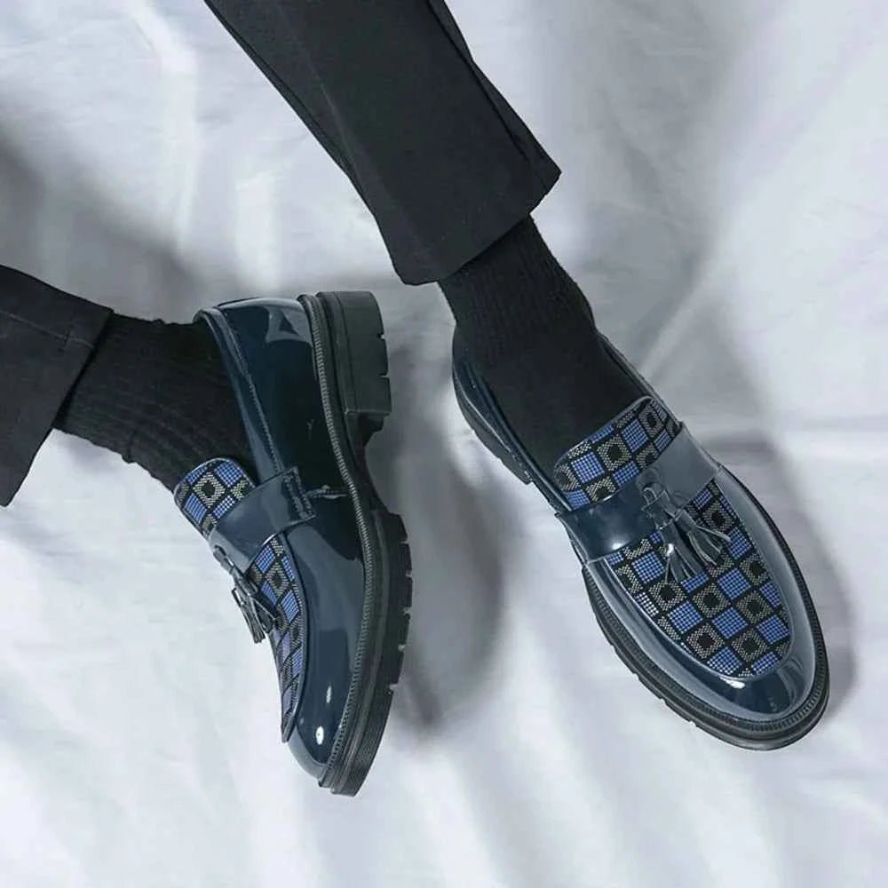 Liam | Men's Checked Patent Tassel Loafers with Chunky Lug Sole