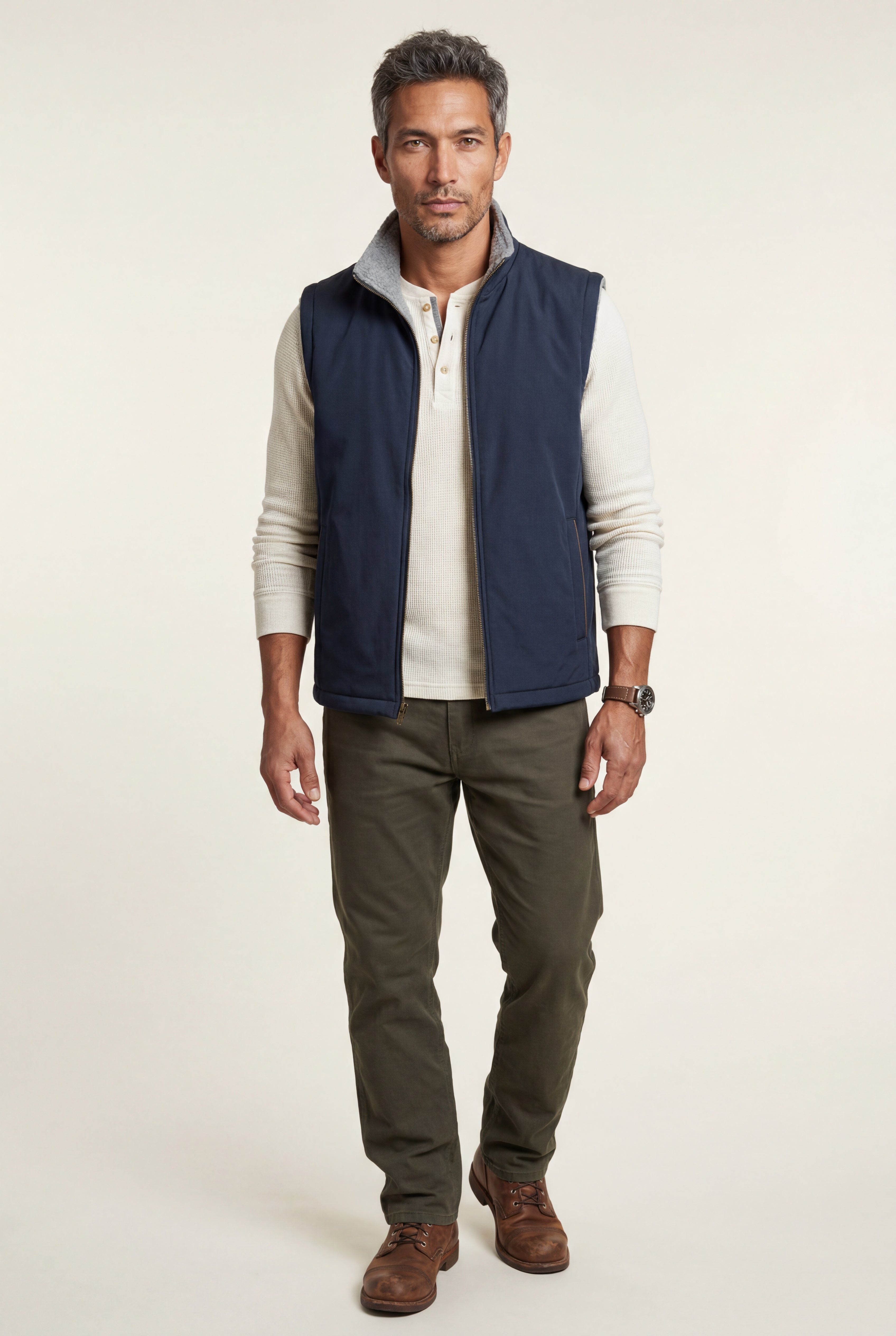Liam | Navy Blue -lined Zip-front Vest with Strings