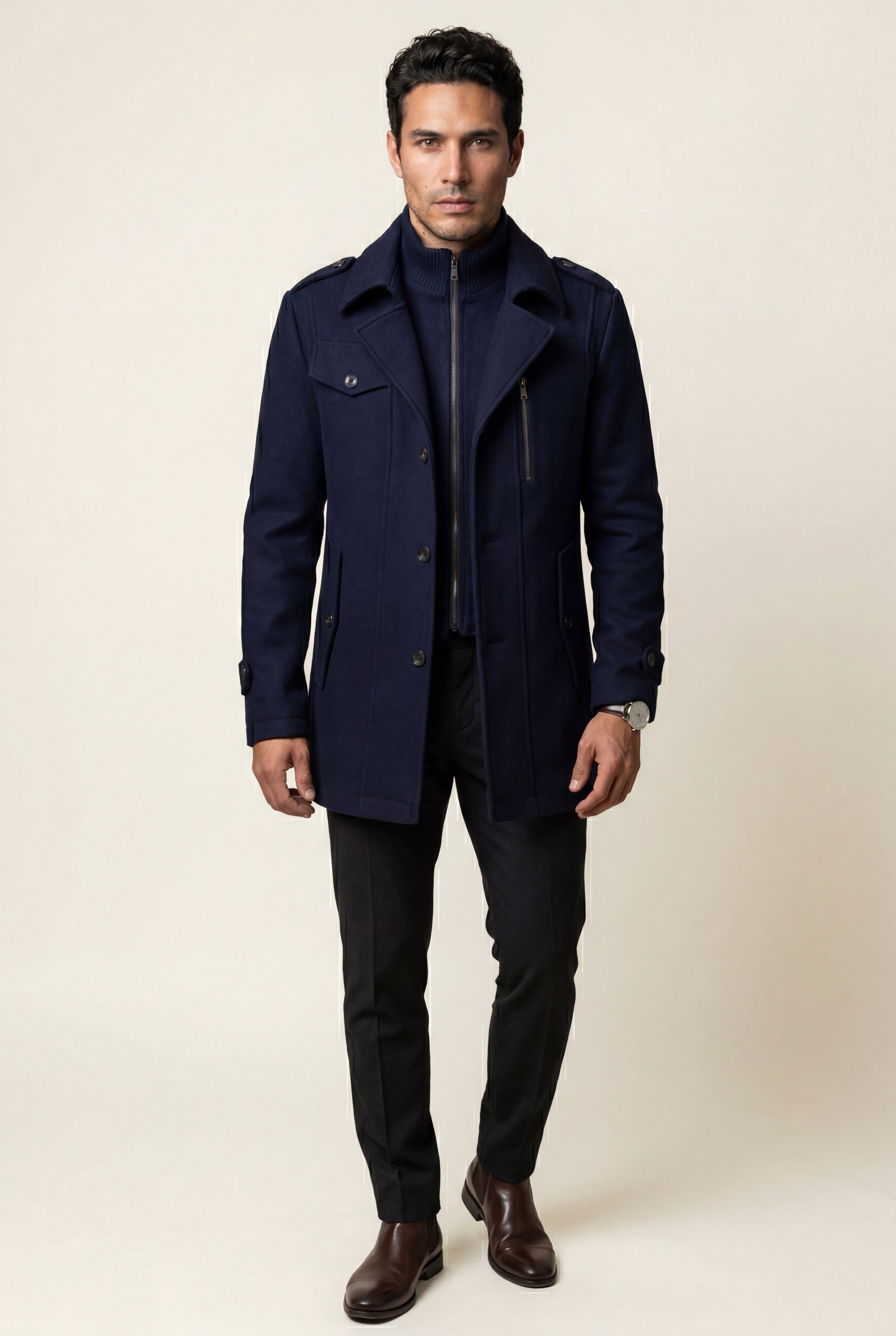 Liam | Stand Collar Slim Fit Winter Coat with Button Tab