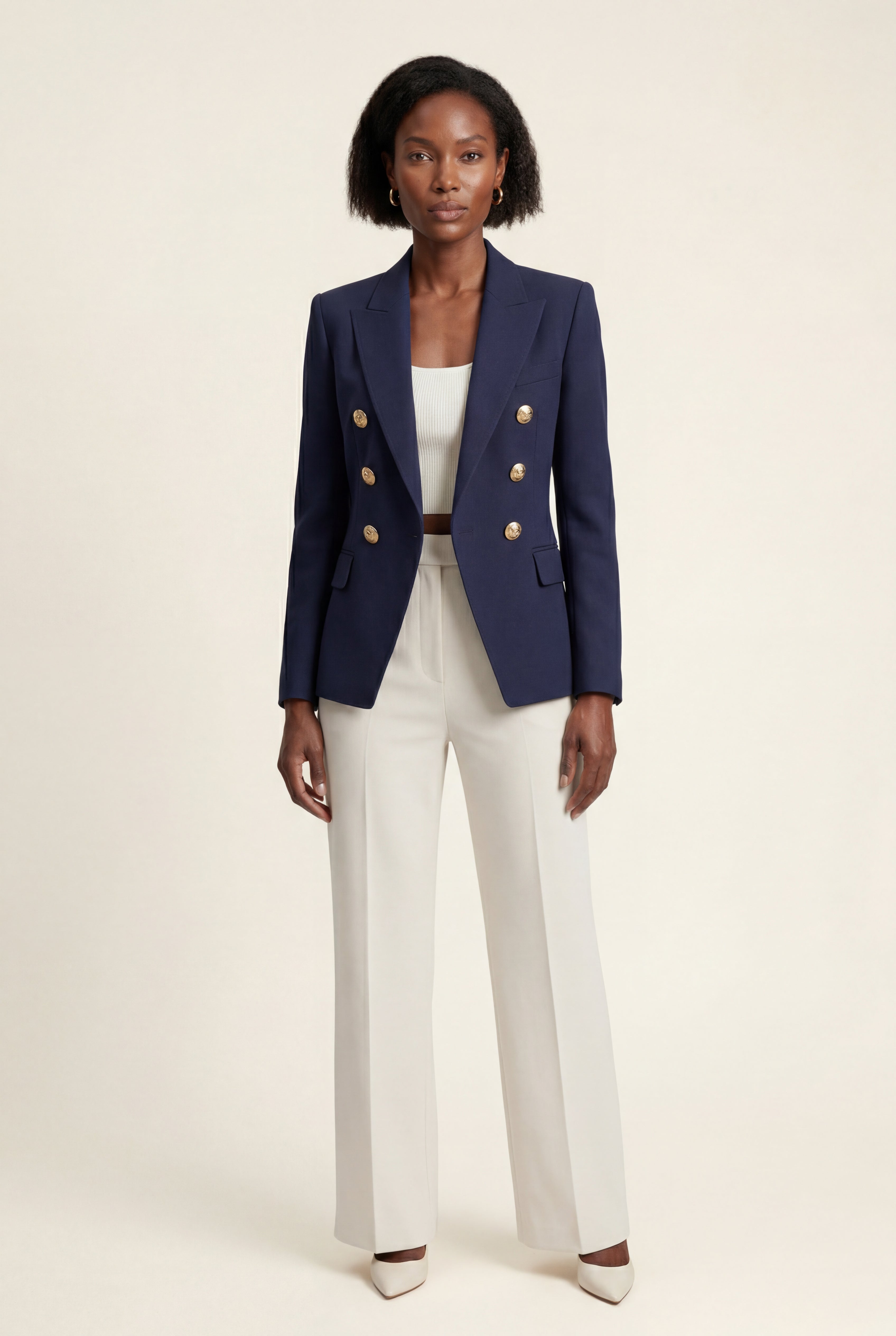 Lia | Women's Gold Button Double-Breasted Tailored Blazer
