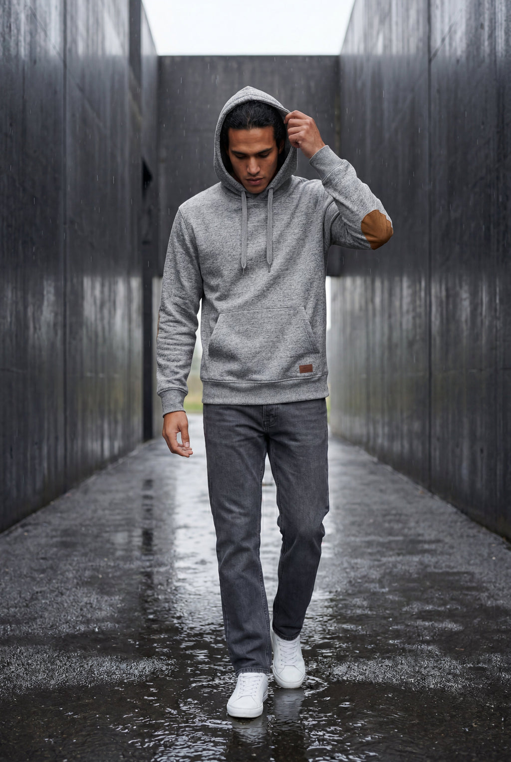 Liam | Contrast Elbow Patch Pullover Hoodie with Drawstring Hood