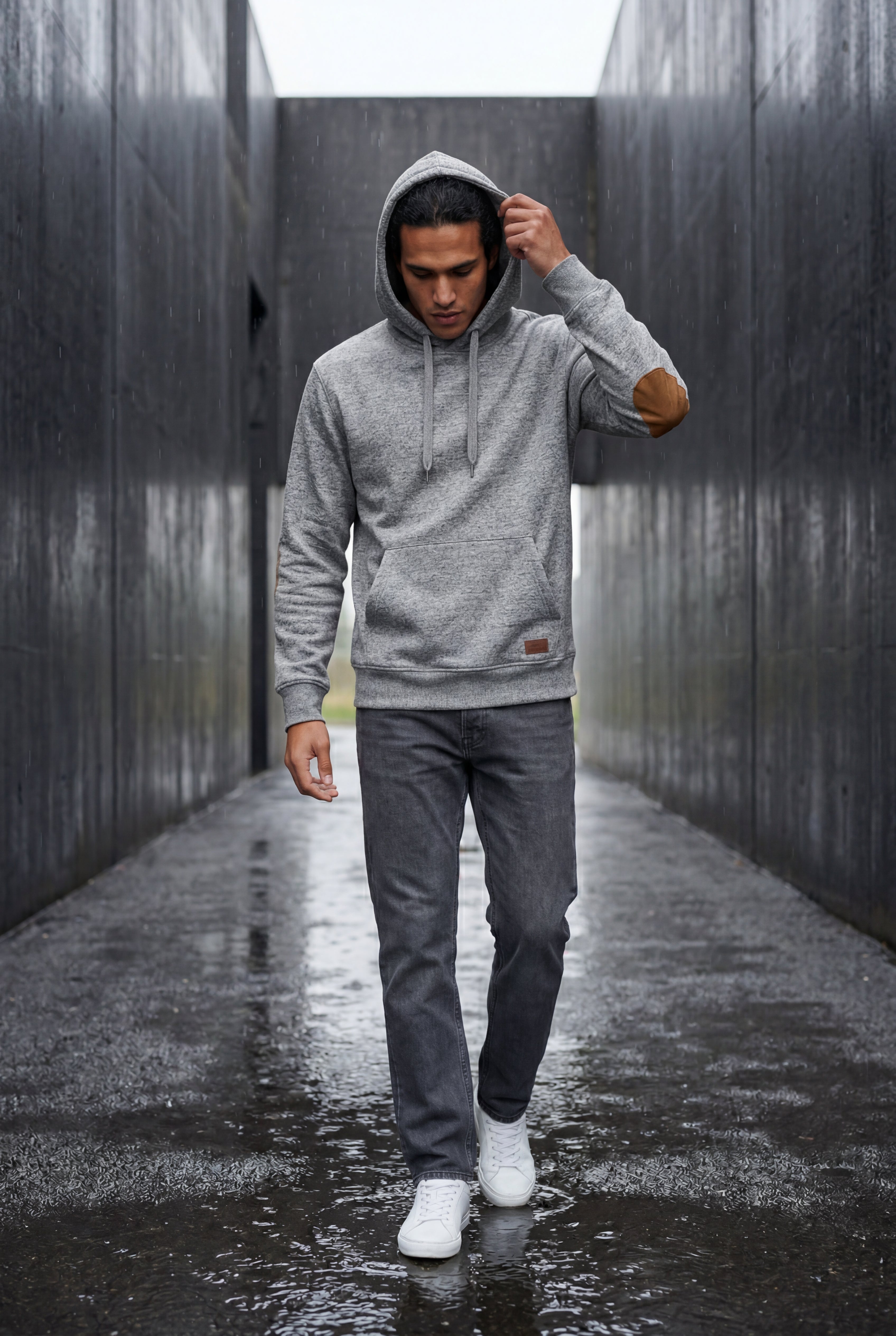 Liam | Contrast Elbow Patch Pullover Hoodie with Drawstring Hood