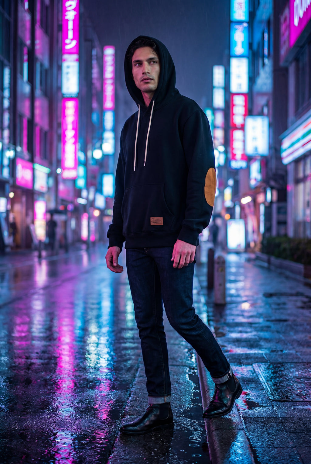 Liam | Contrast Elbow Patch Pullover Hoodie with Drawstring Hood