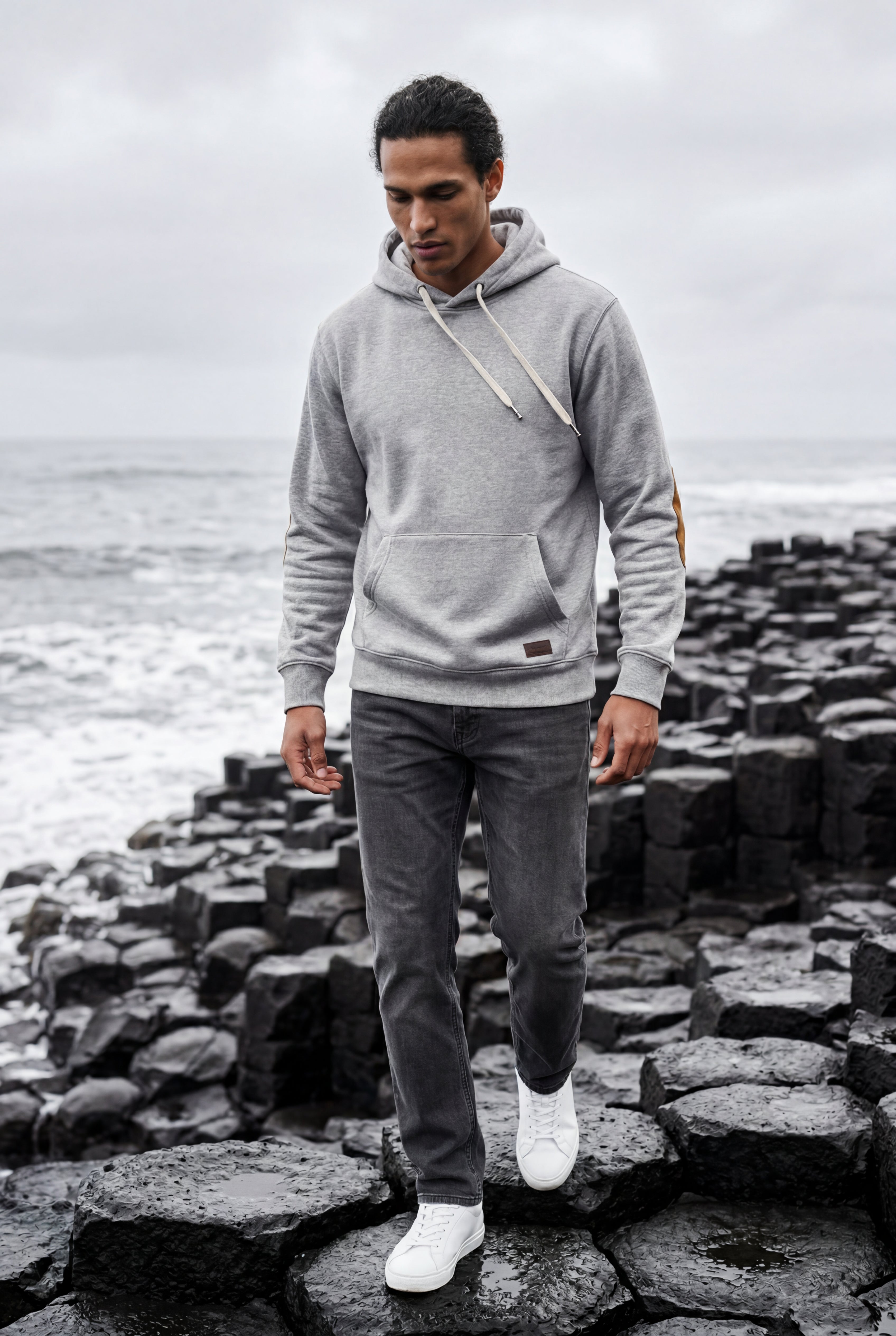 Liam | Contrast Elbow Patch Pullover Hoodie with Drawstring Hood